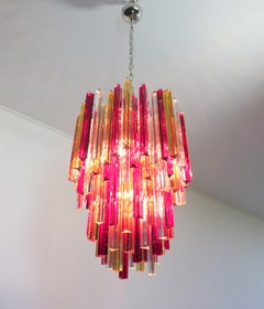 Murano Chandelier Triedri, 92 Prism, Trasparent Yellow and Red Glasses