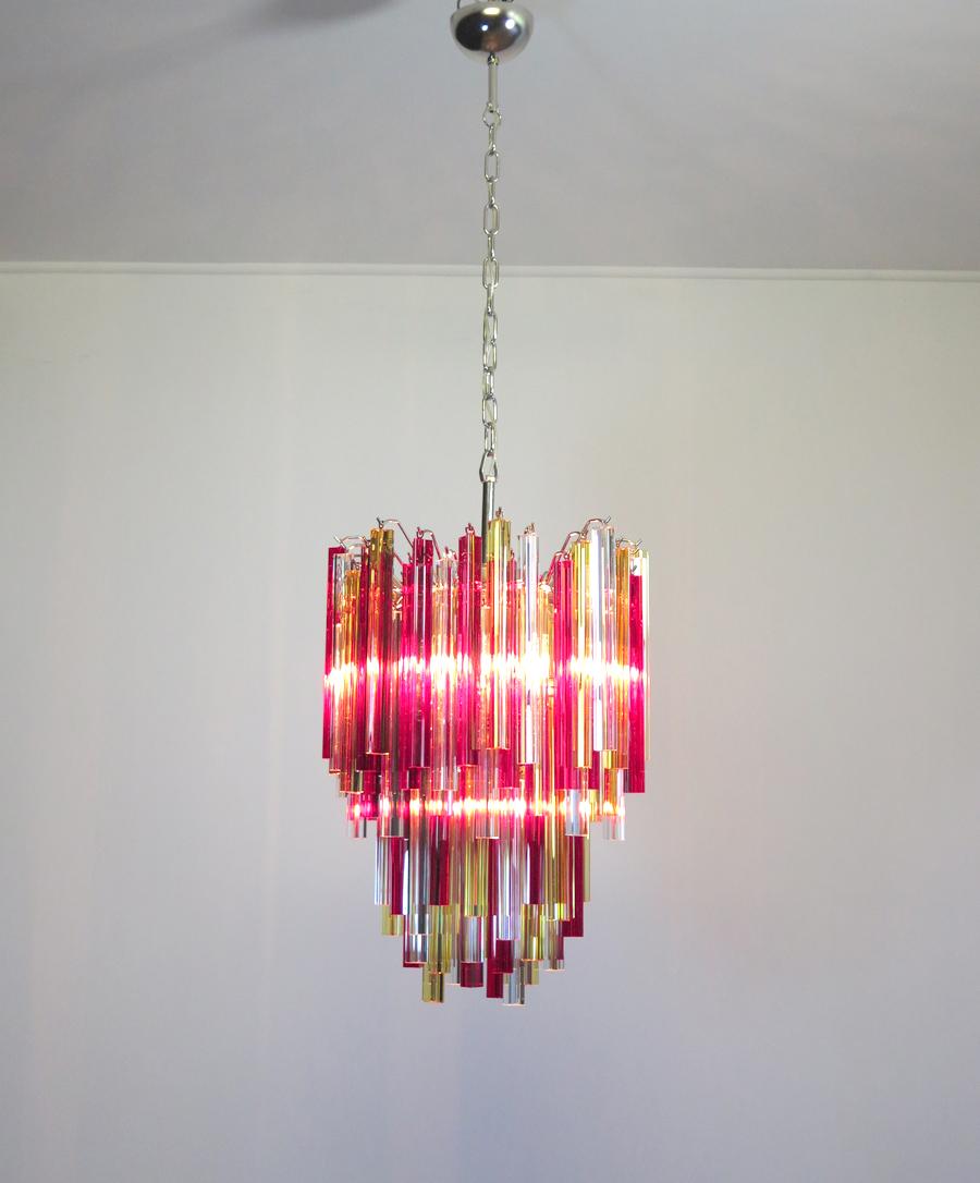 Mid-Century Modern Murano Chandelier Triedri, 92 Prism, Trasparent Yellow and Red Glasses