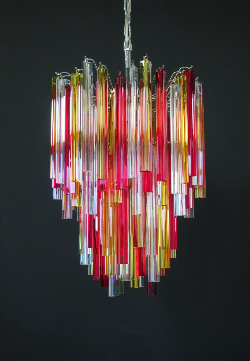 Late 20th Century Murano Chandelier Triedri, 92 Prism, Trasparent Yellow and Red Glasses