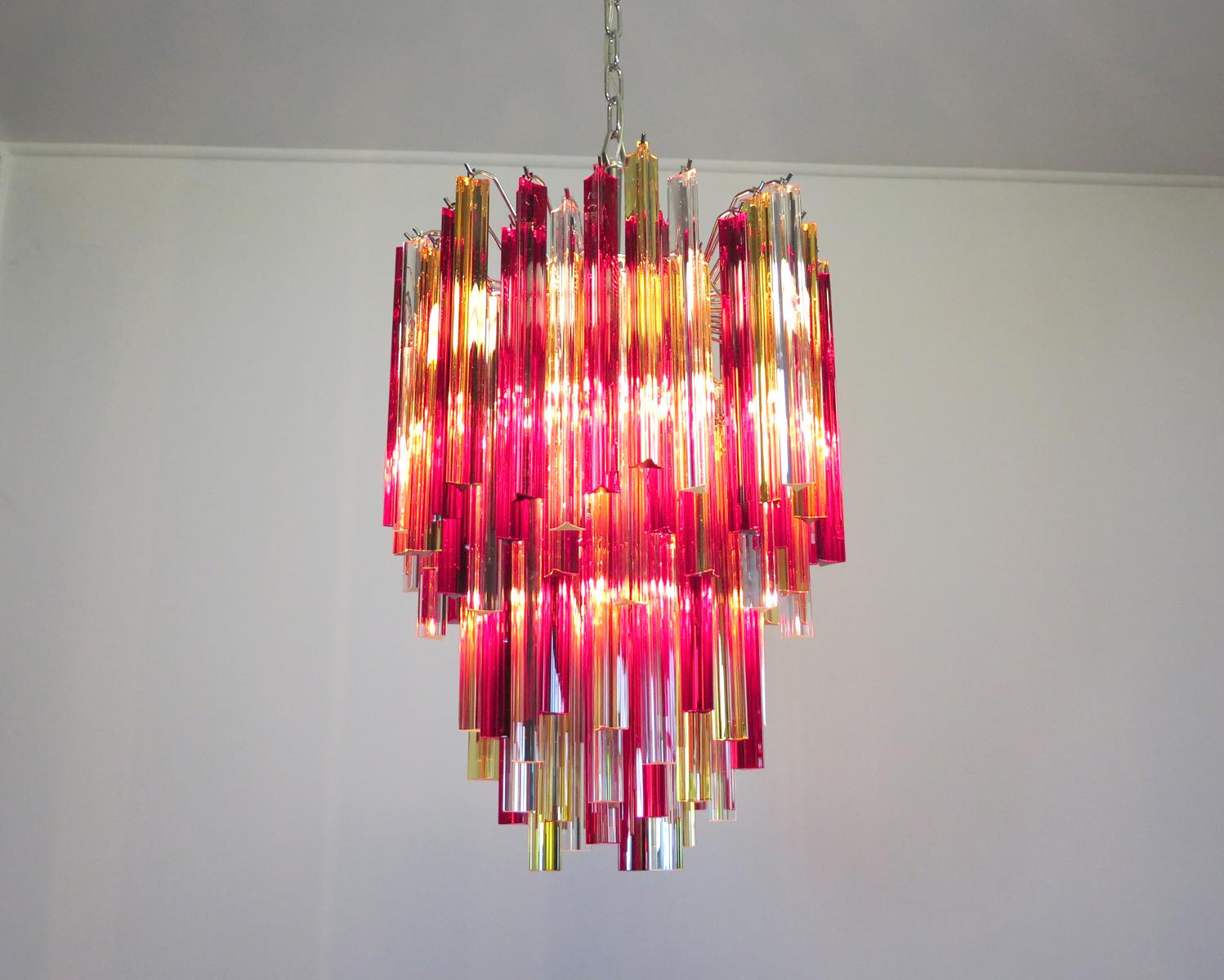 Murano Chandelier Triedri, 92 Prism, Trasparent Yellow and Red Glasses 1