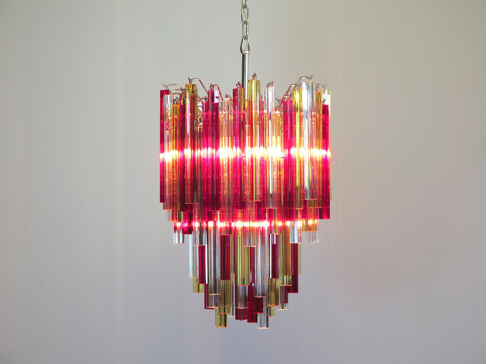 Murano Chandelier Triedri, 92 Prism, Trasparent Yellow and Red Glasses 2