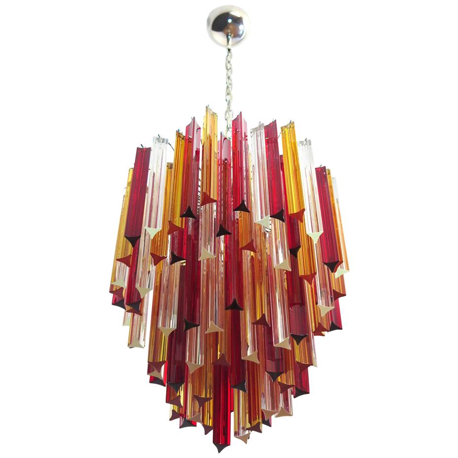 Murano Chandelier Triedri, 92 Prism, Trasparent Yellow and Red Glasses