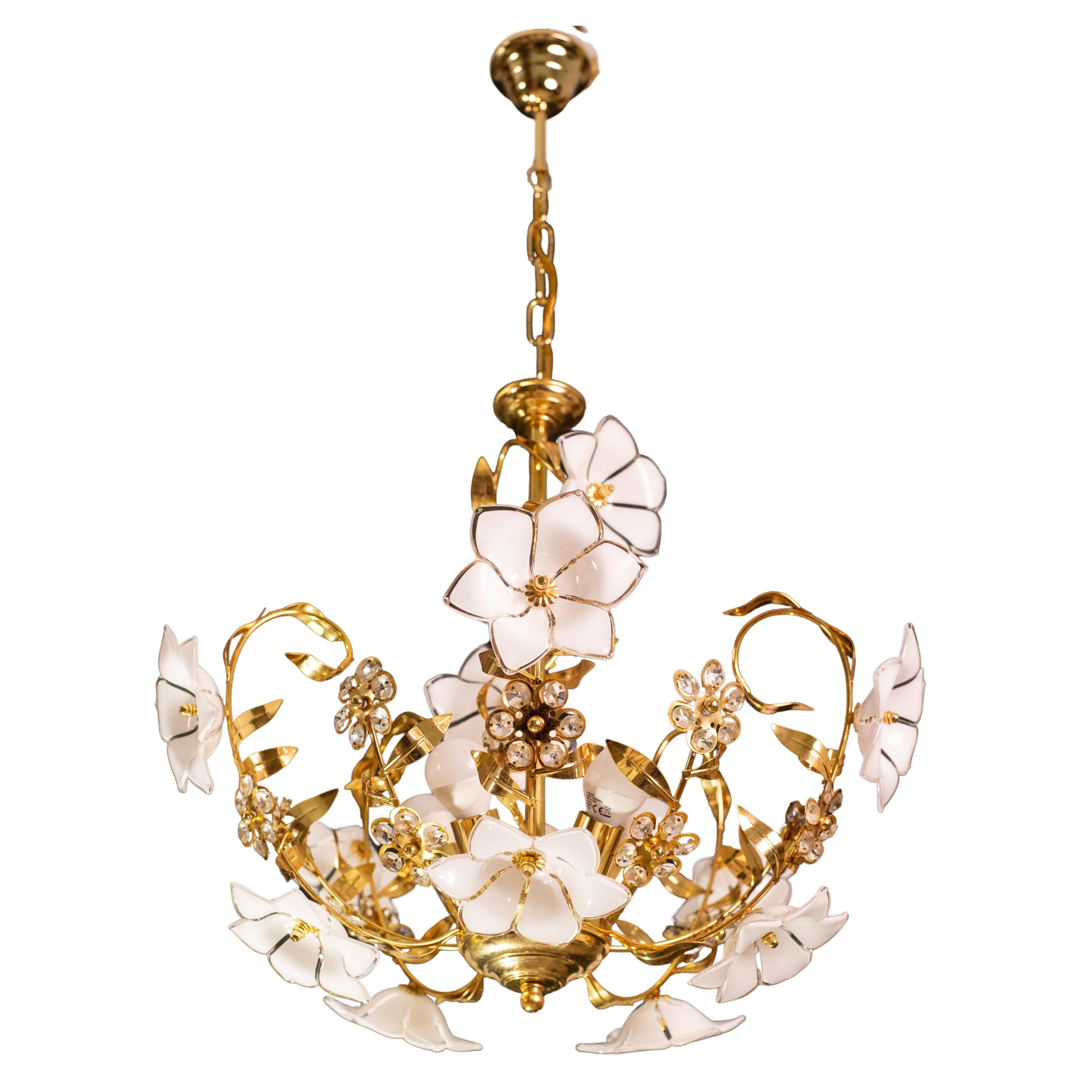 Murano Chandelier White Flowers, 1970 For Sale