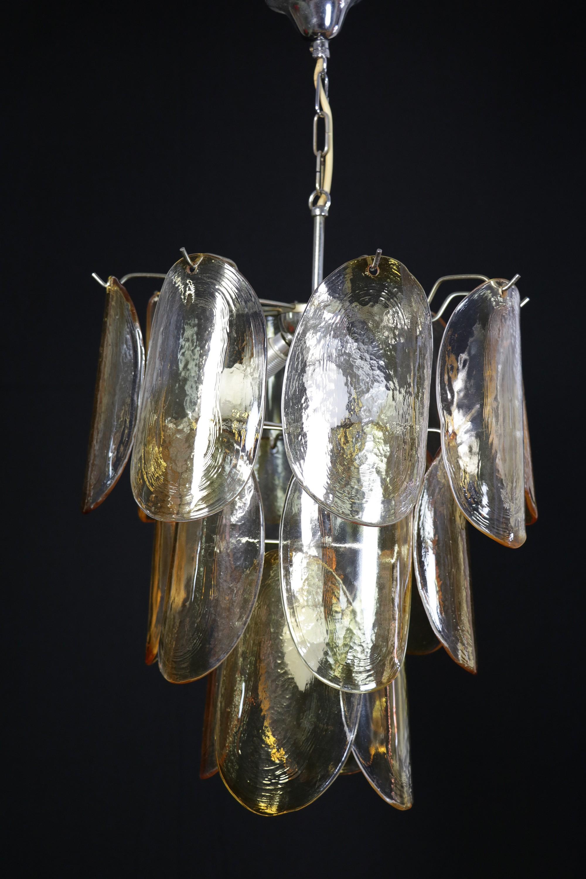Mid-Century Modern Murano Chandelier with 18 Glass Discs, Amber, Italy For Sale