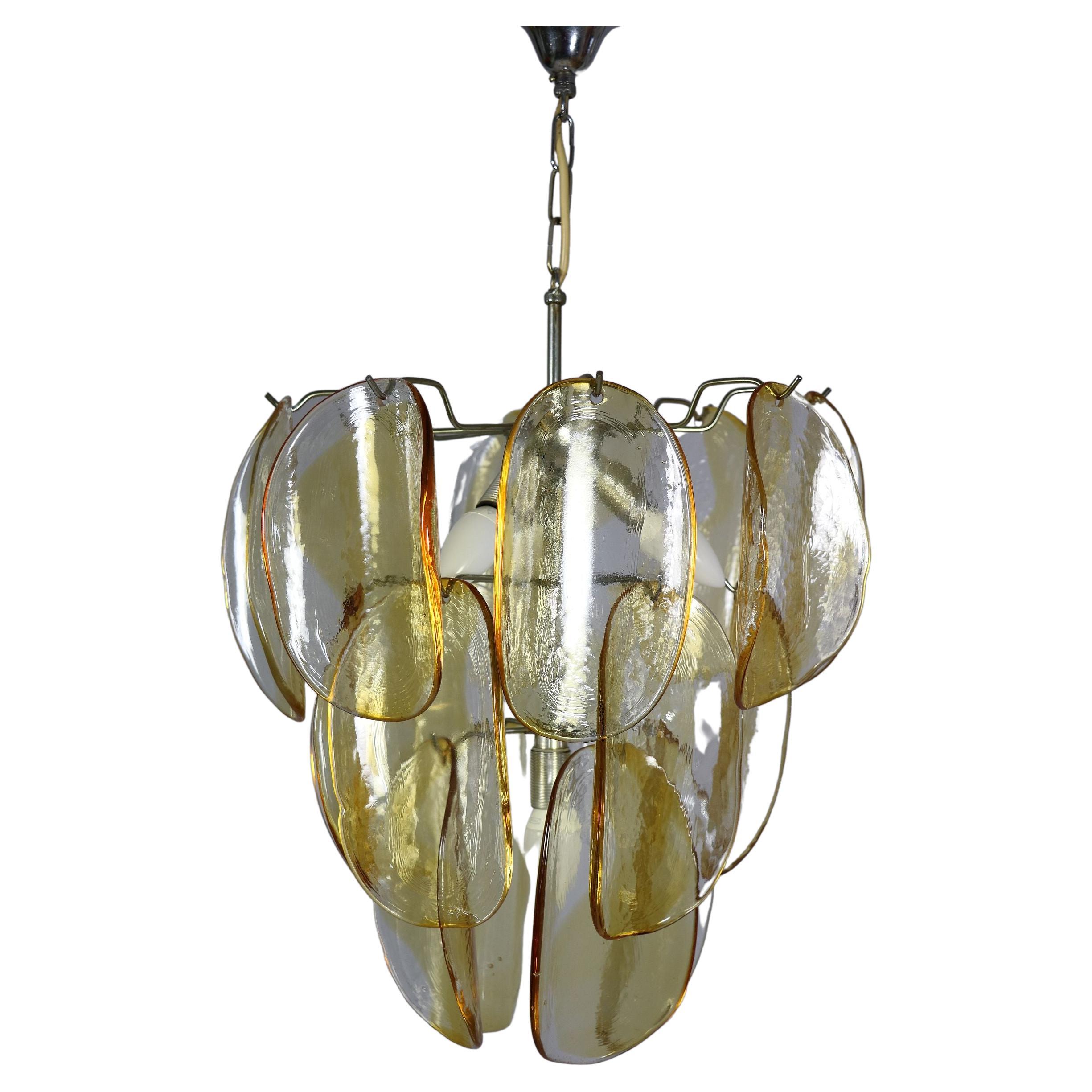 Murano Chandelier with 18 Glass Discs, Amber, Italy