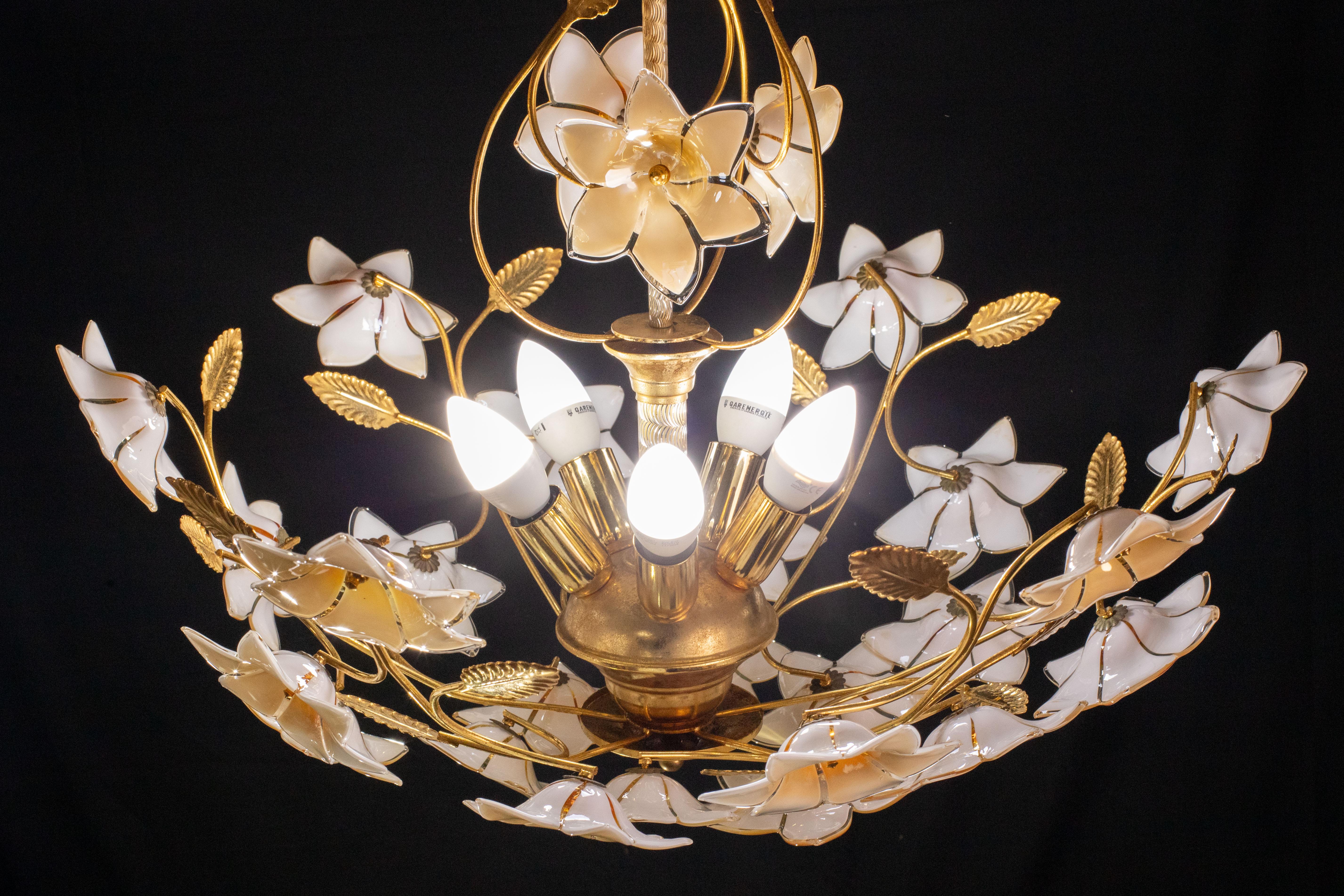 Late 20th Century Murano Chandelier with Orange Iridiscent Flowers, 1970s For Sale