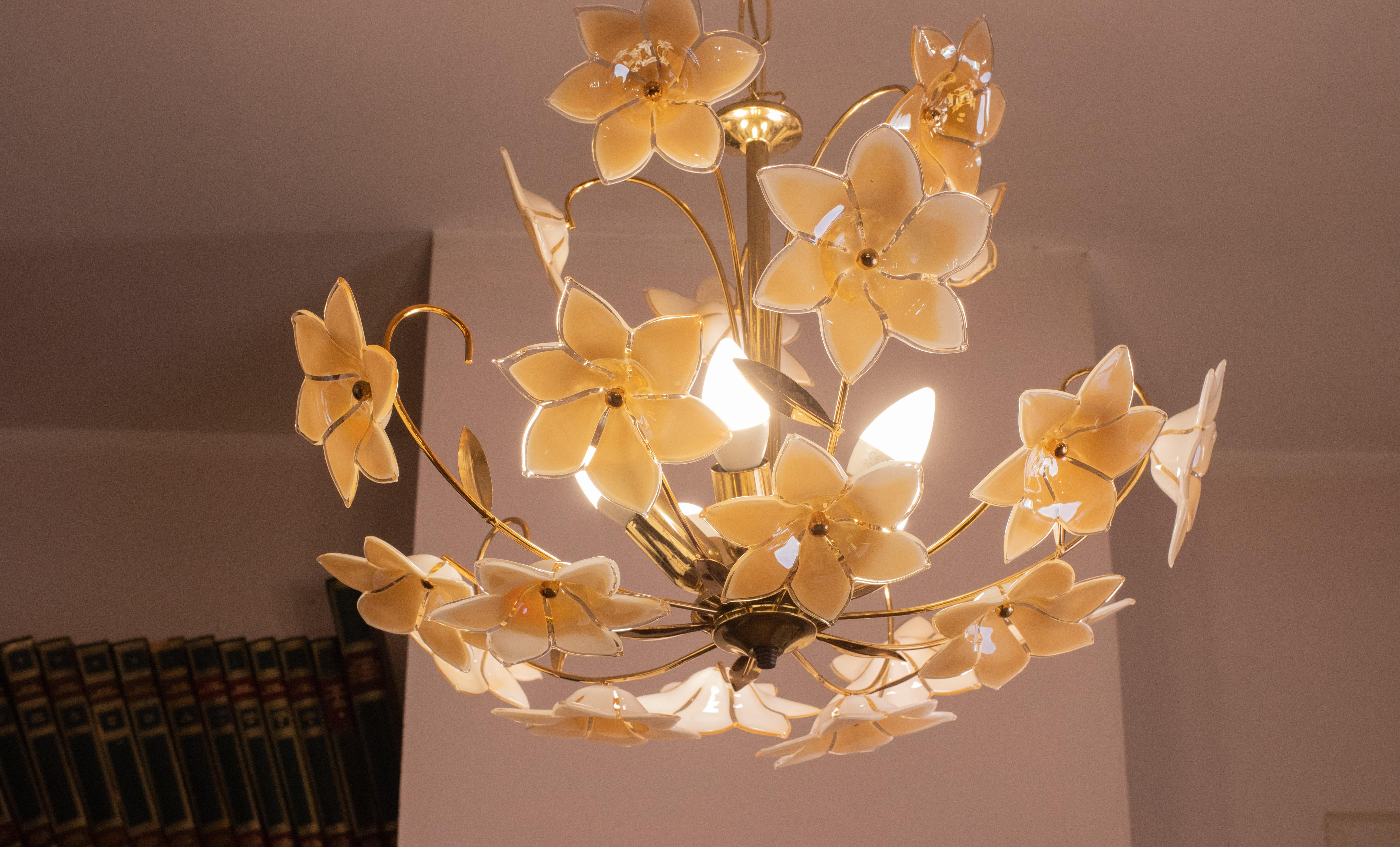 Murano Chandelier with Orange Iridiscent Flowers, 1970s 3