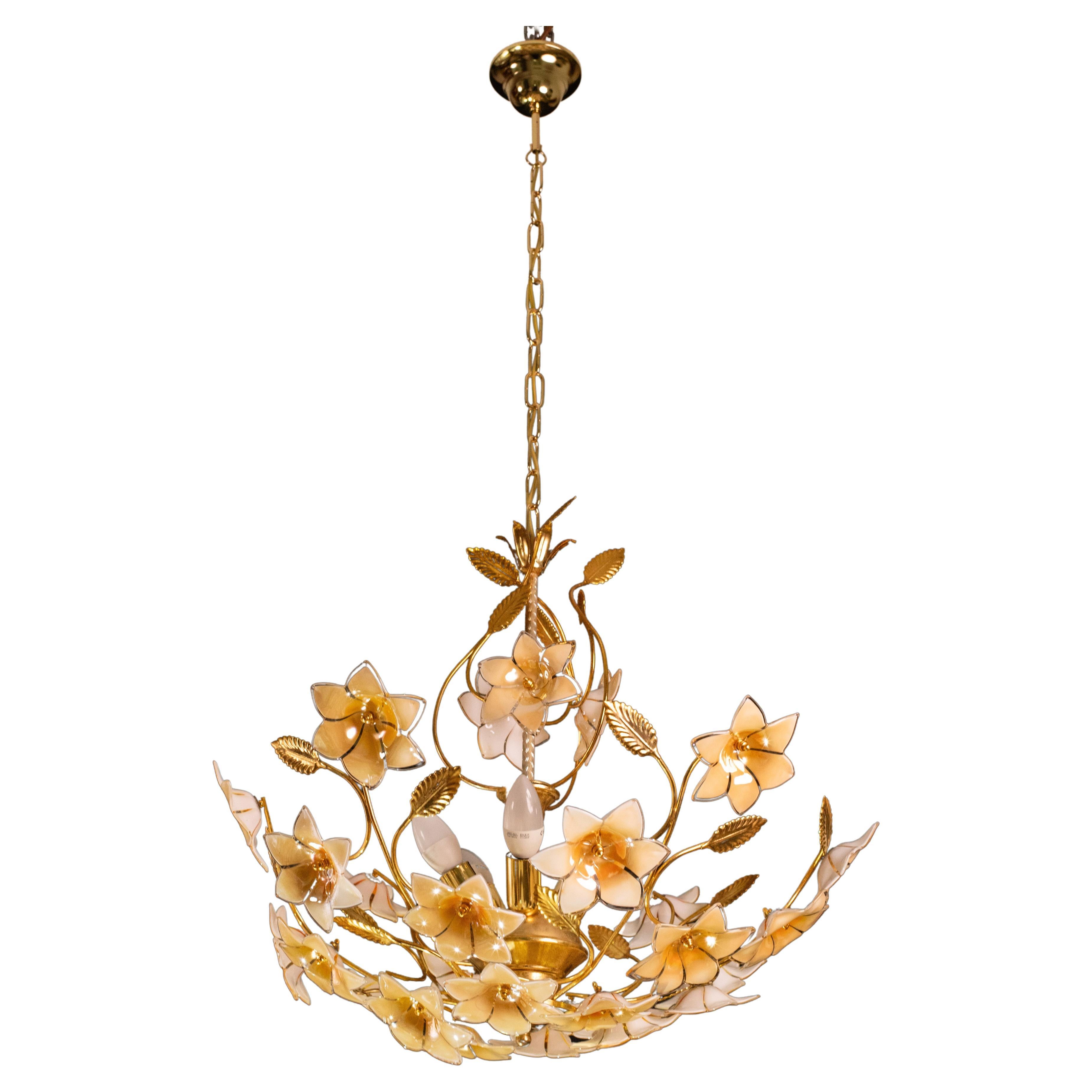 Murano Chandelier with Orange Iridiscent Flowers, 1970s For Sale