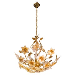 Vintage Murano Chandelier with Orange Iridiscent Flowers, 1970s