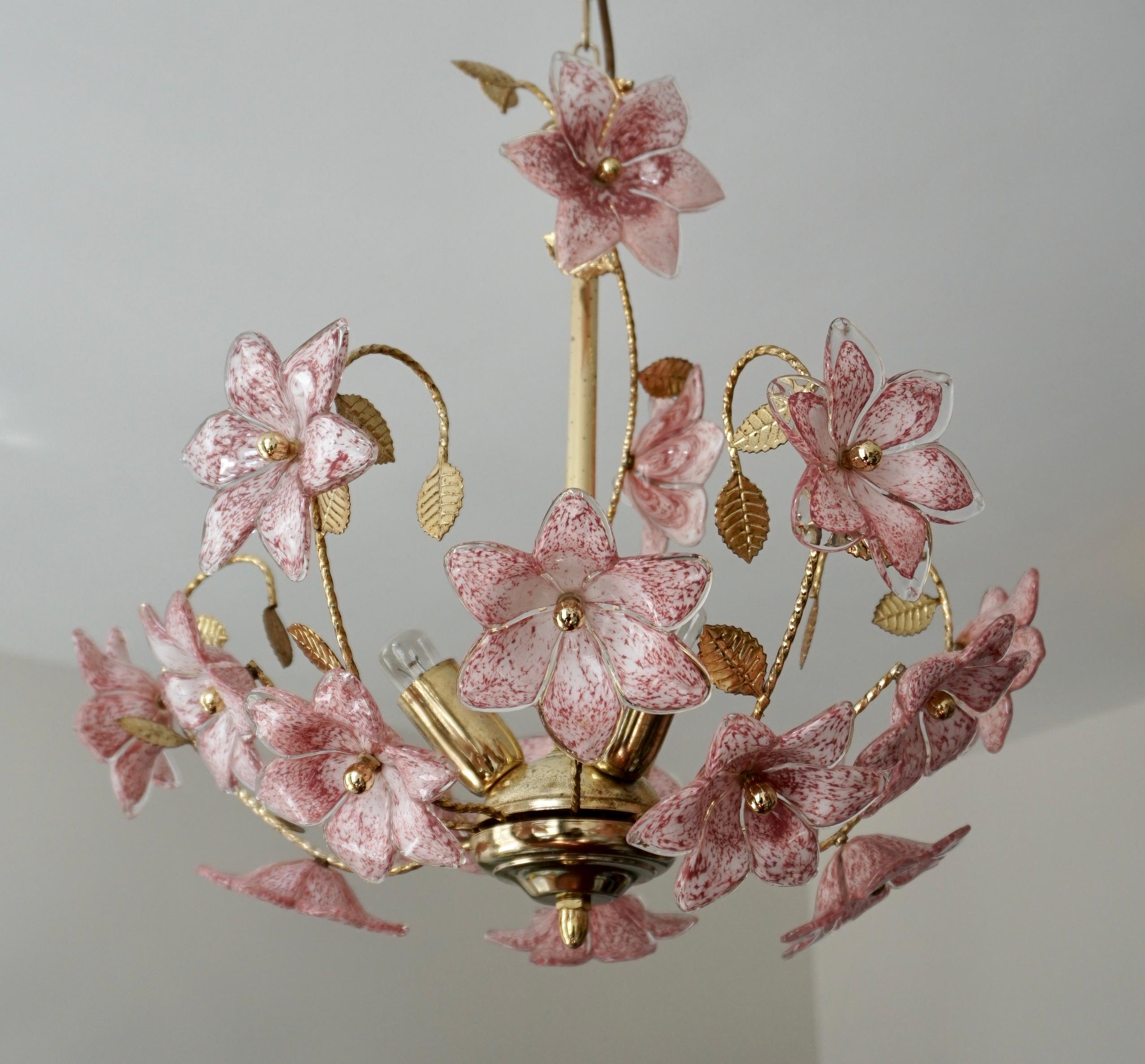 Murano Chandelier with Pink White Flowers For Sale 3