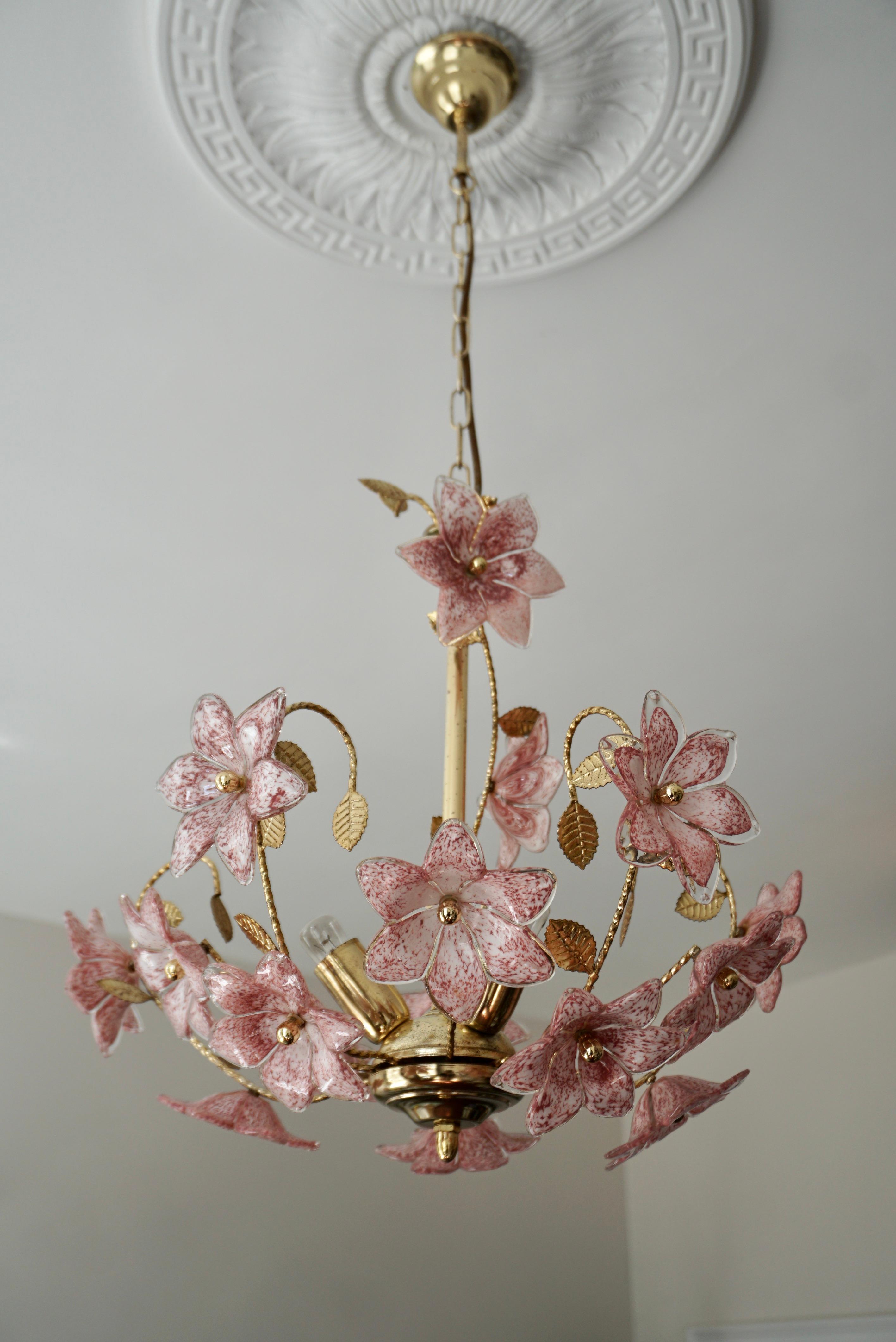 Vintage Murano glass chandelier with pink flowers.

Diameter 18.1