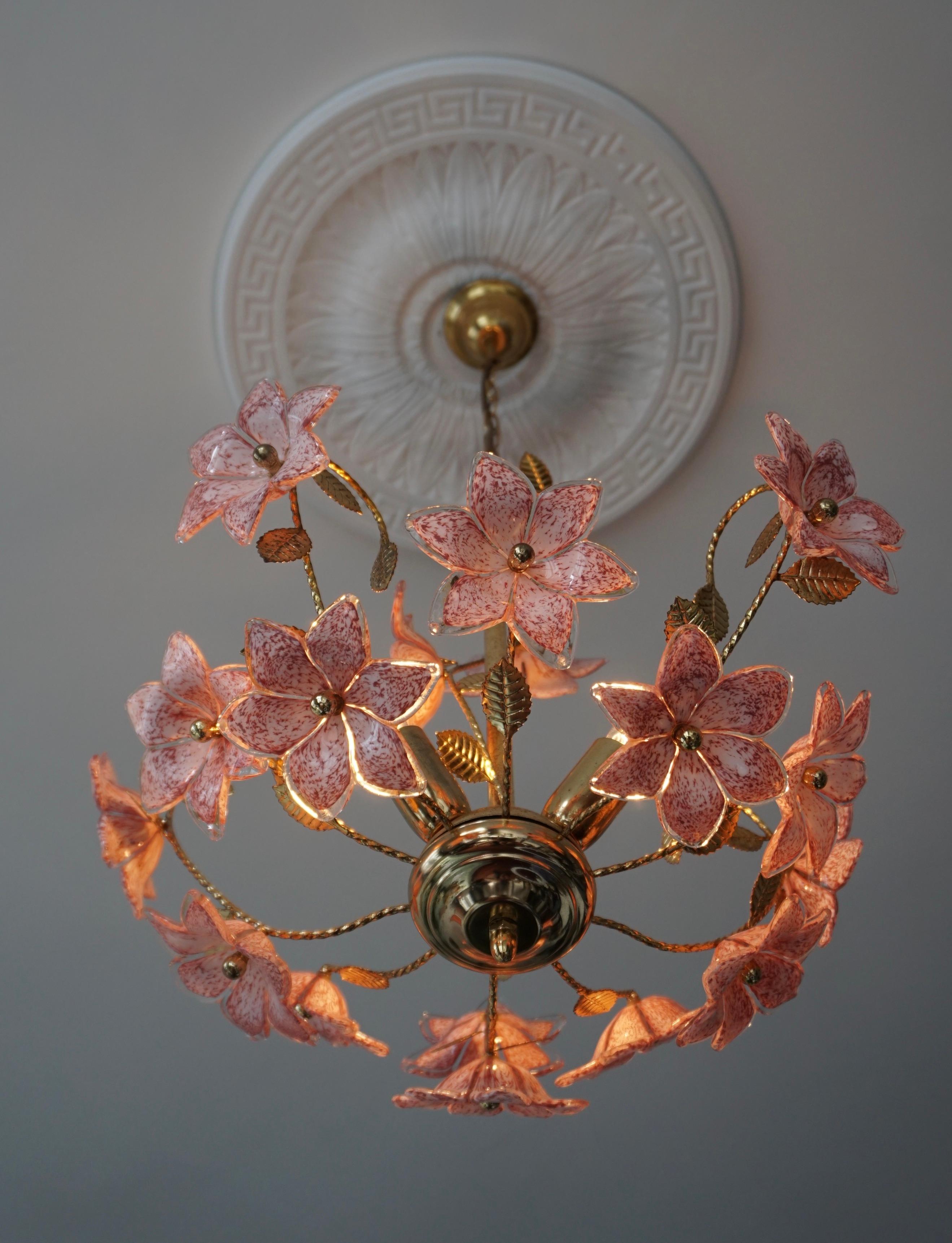 Italian Murano Chandelier with Pink White Flowers For Sale