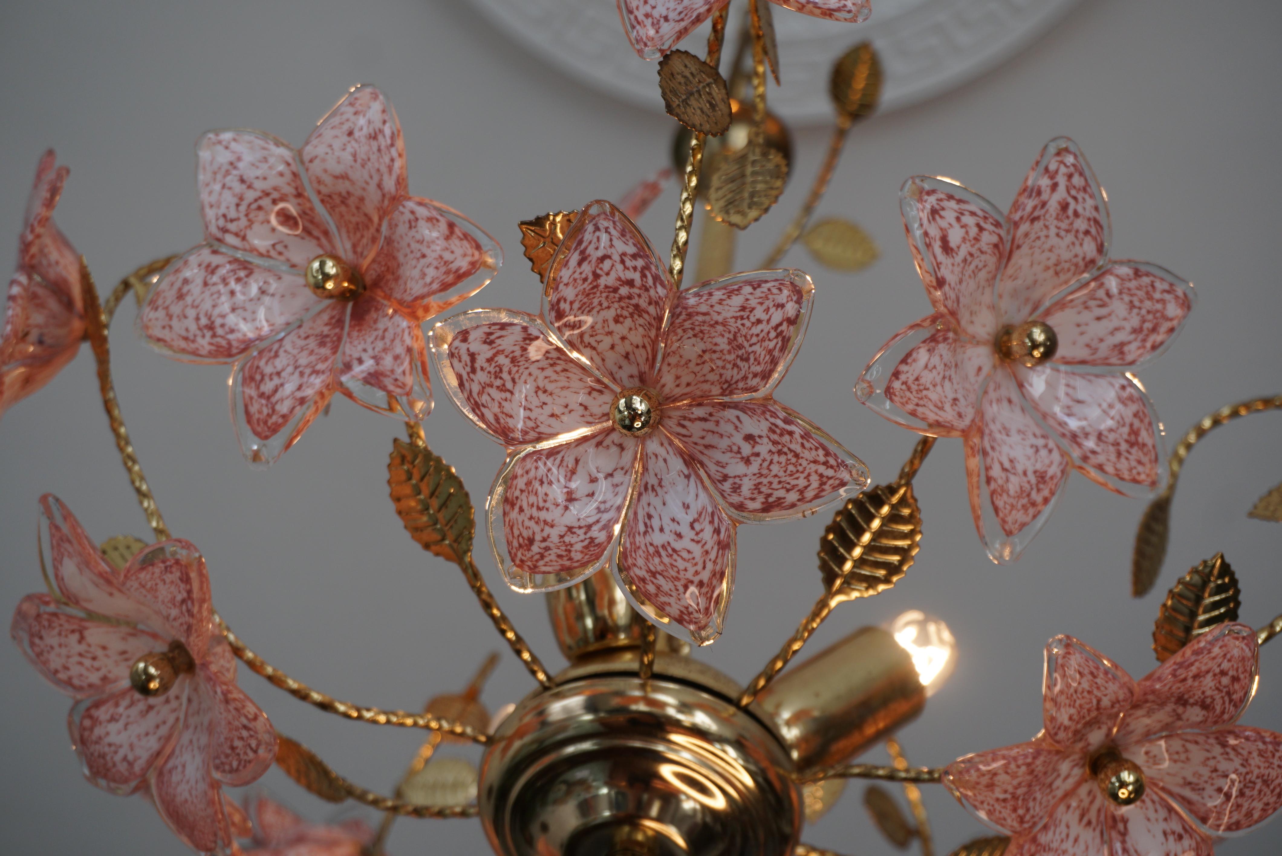 Brass Murano Chandelier with Pink White Flowers For Sale
