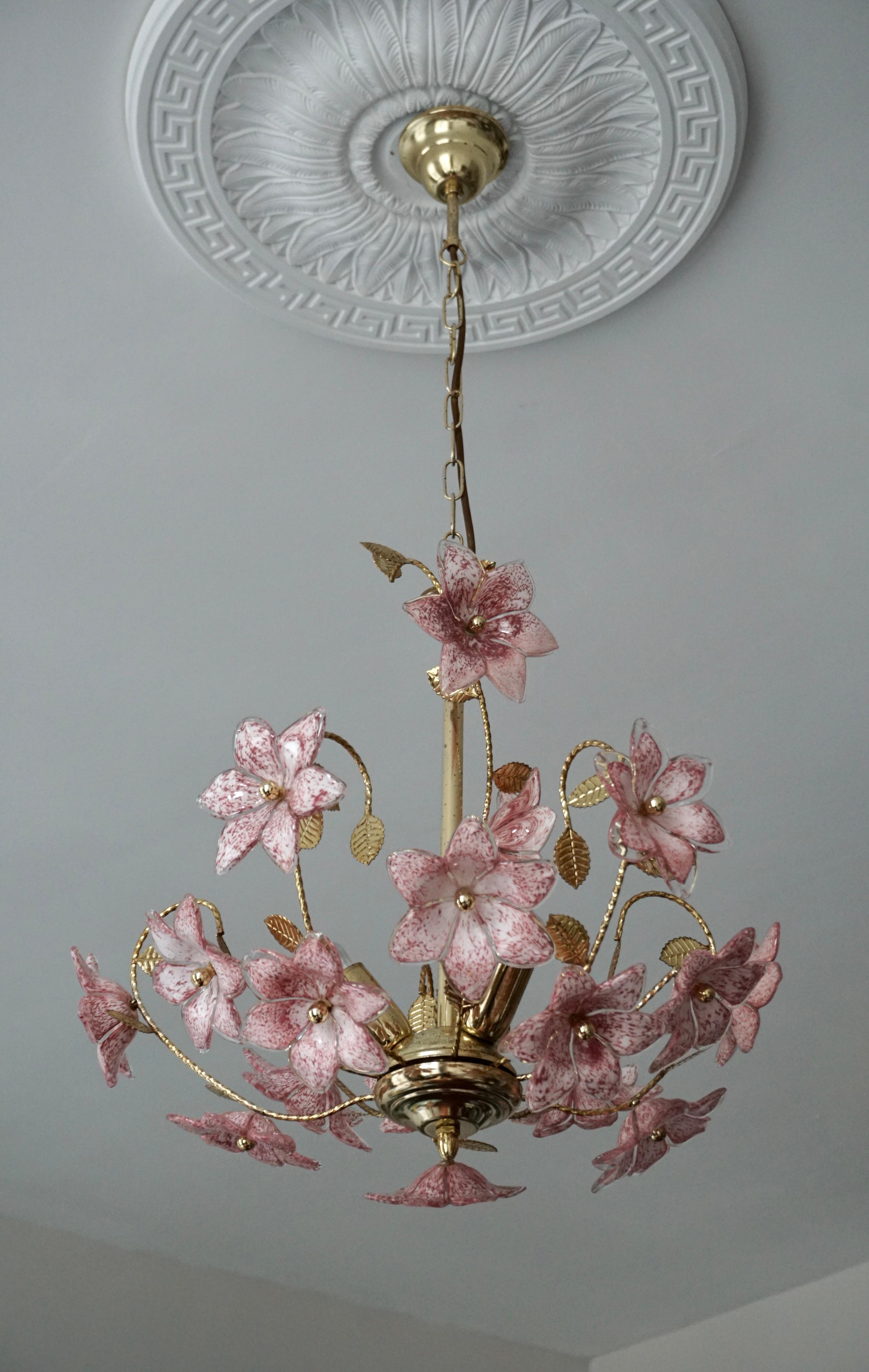 Murano Chandelier with Pink White Flowers For Sale 1
