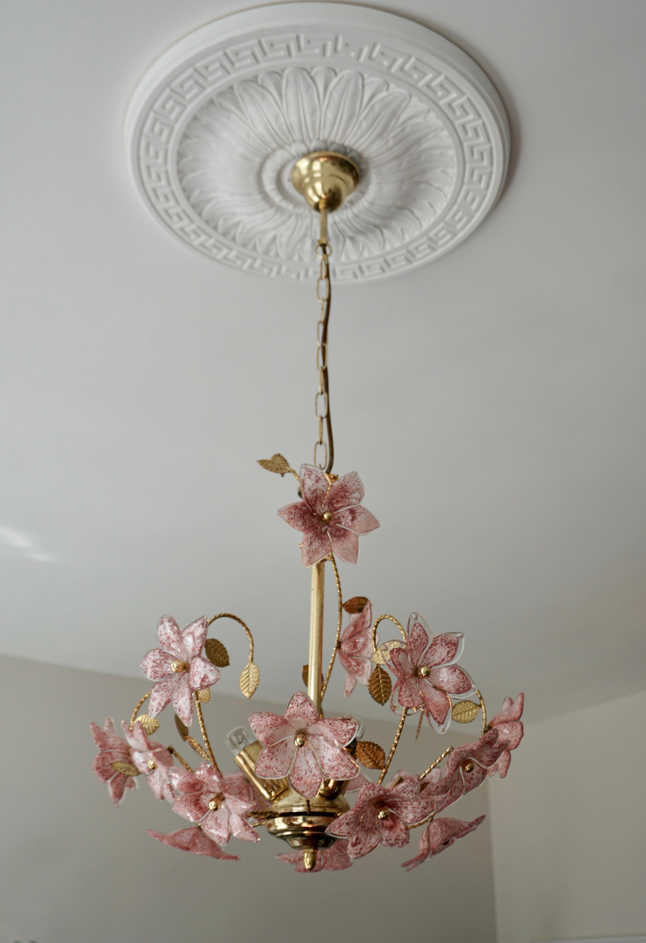 Murano Chandelier with Pink White Flowers For Sale 2
