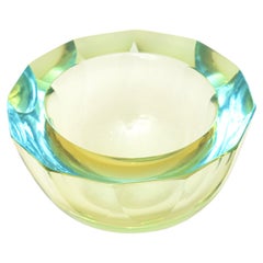 Murano Chartreuse and Turquoise Mandruzatto Faceted Geode Glass Bowl Vintage