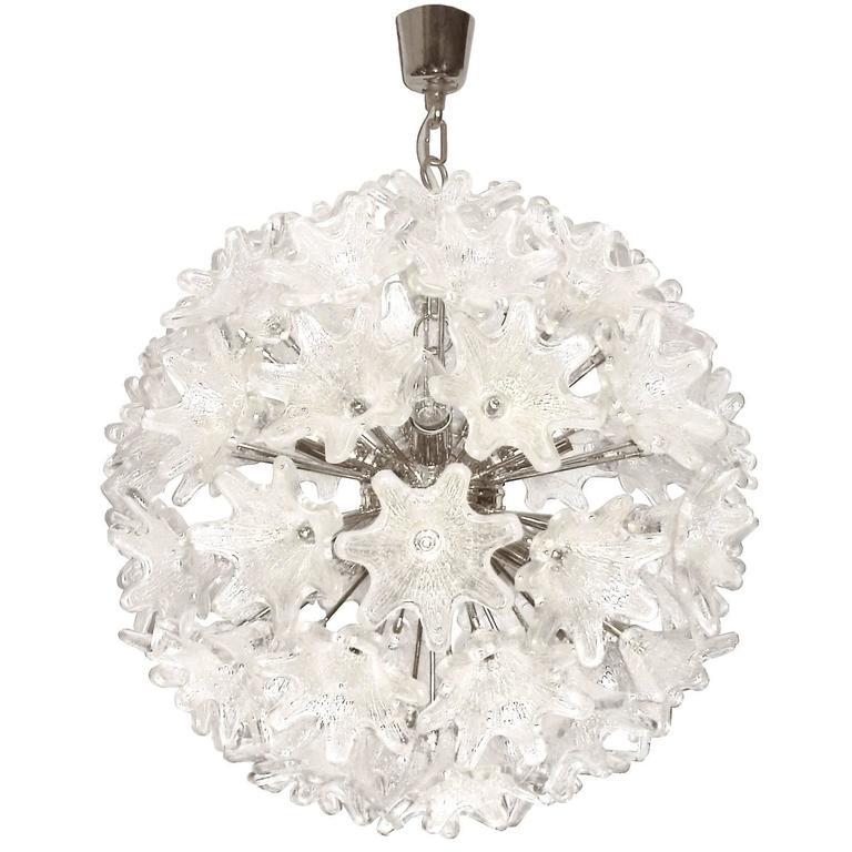 Murano Chrome and Glass Flower Ball Chandelier In Excellent Condition For Sale In New York, NY