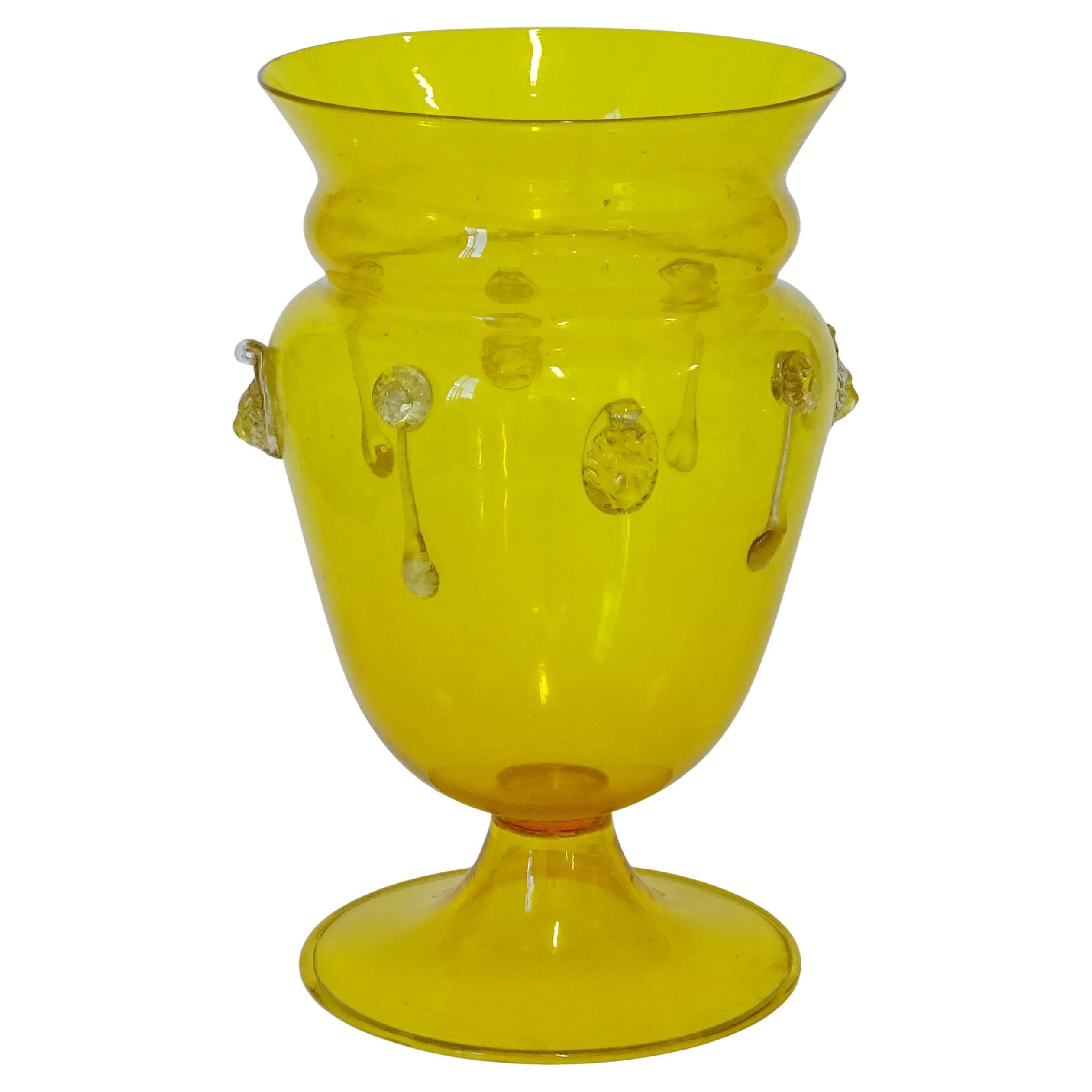 Murano Citron Yellow Glass Vase with Applied Decoration, Italy, 1950s