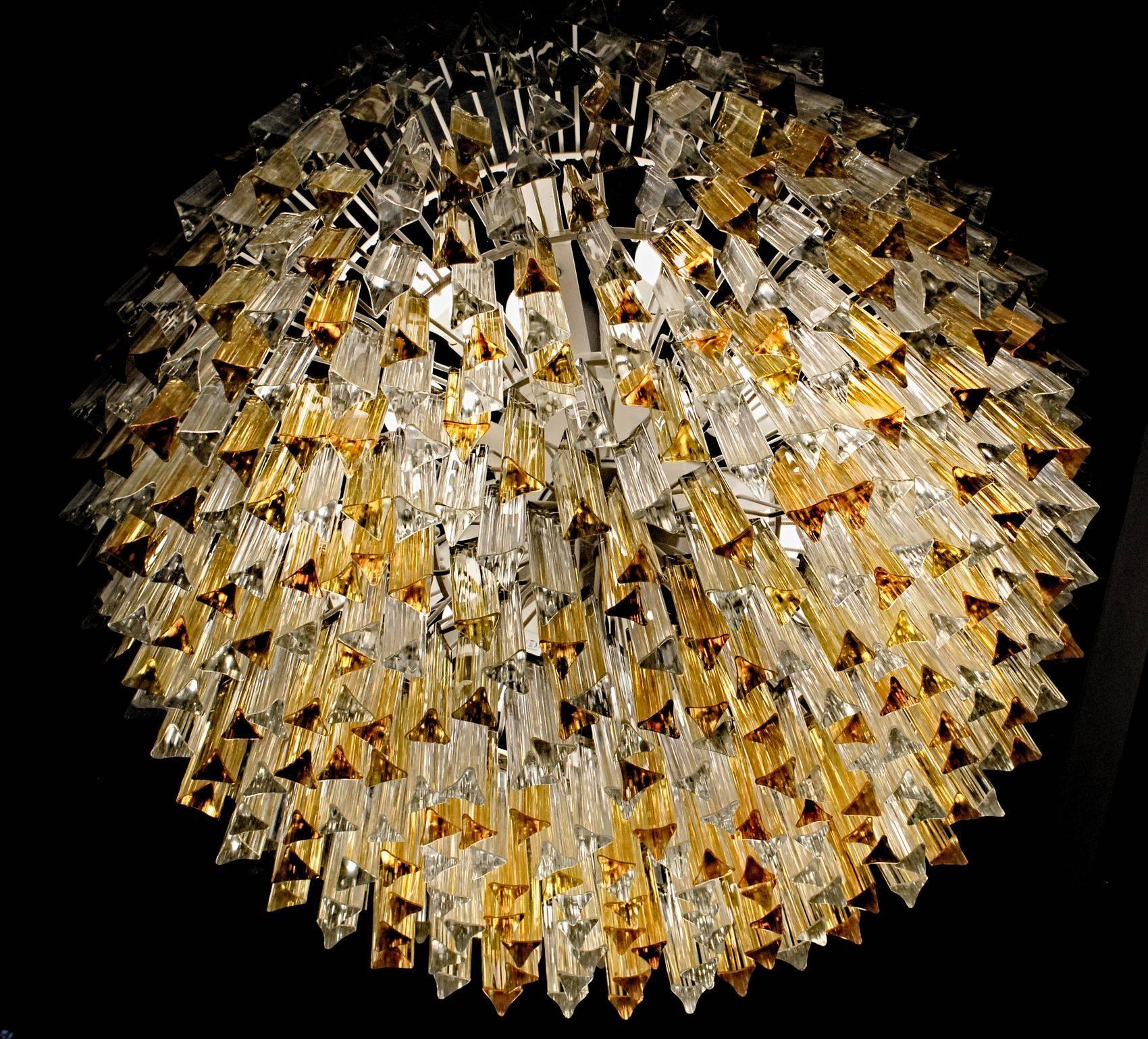 Mid-Century Modern Murano Clear and Amber Glass Triedri Chandelier Flush Mount Also