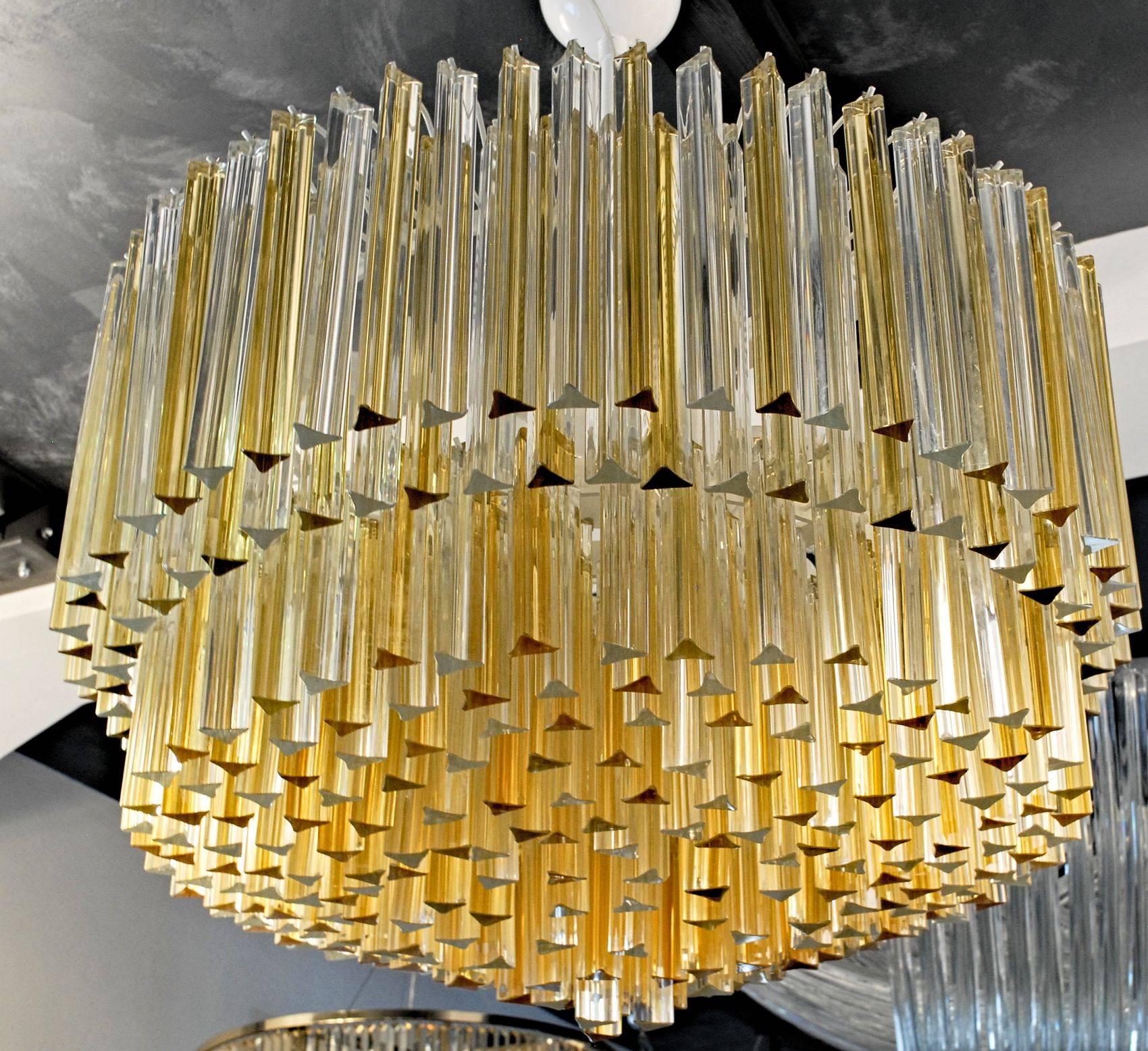 Italian Murano Clear and Amber Glass Triedri Chandelier Flush Mount Also