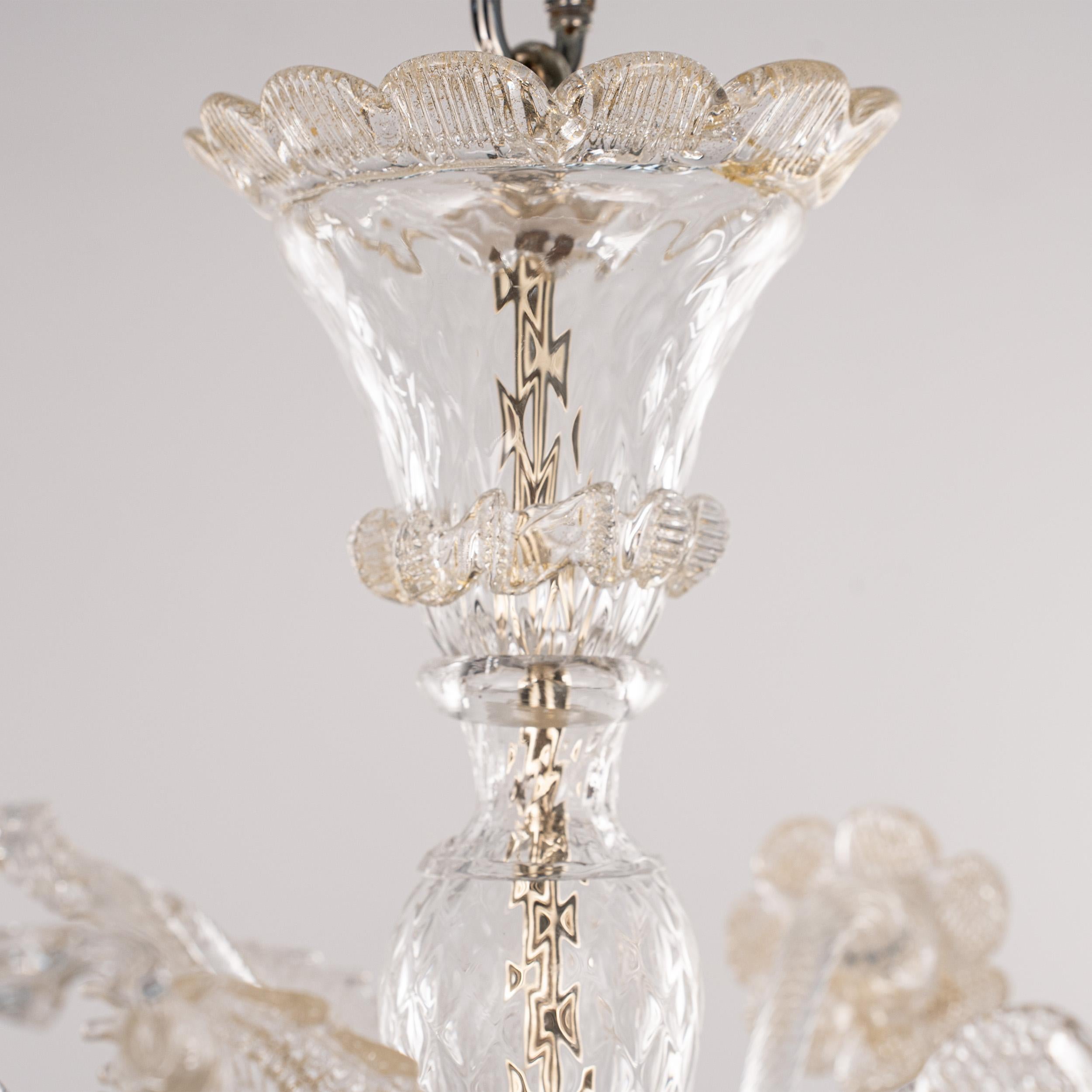 Italiano Lampadario a 3 luci in vetro di Murano Clear e Gold, Vintage Made in Italy in stock in vendita