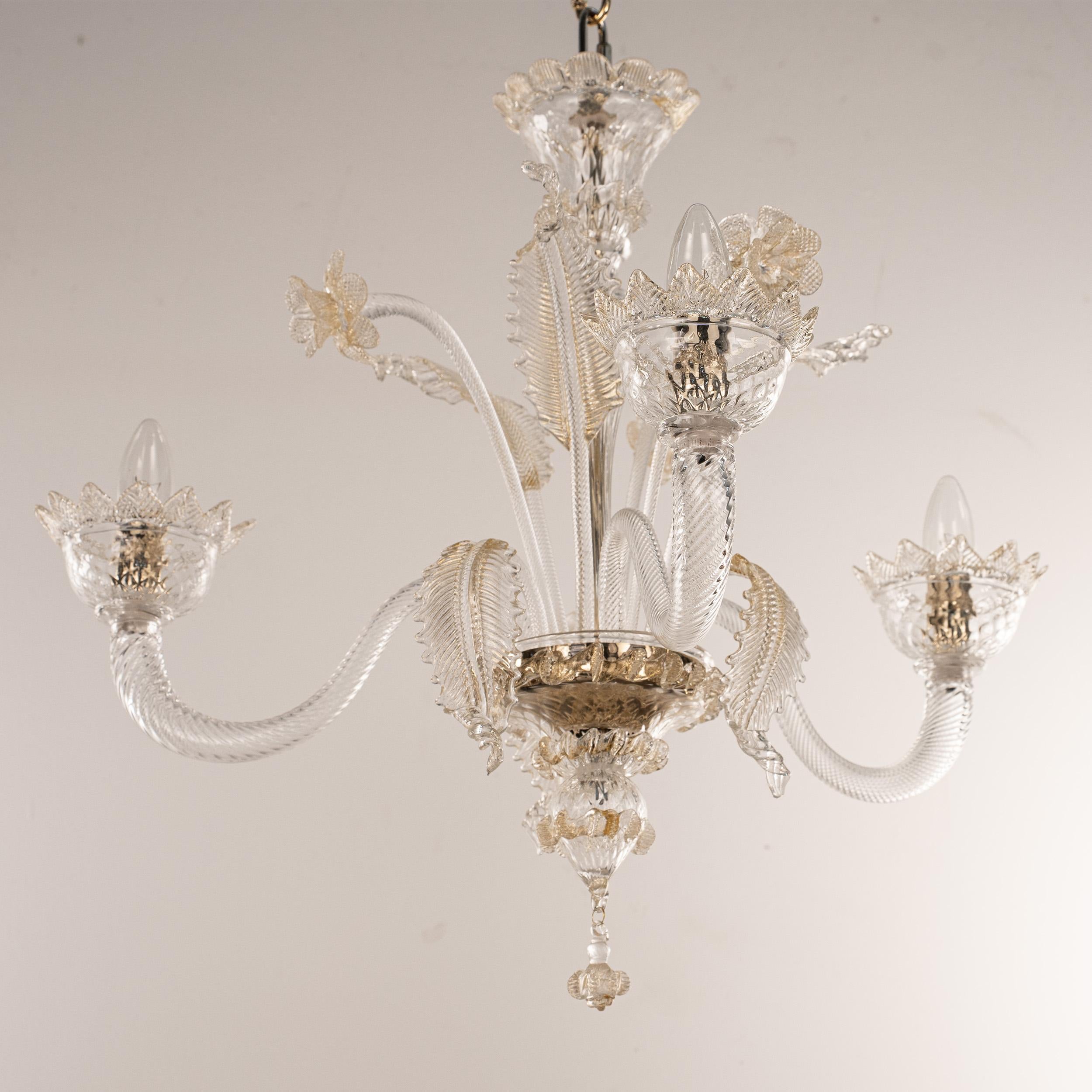 Lampadario a 3 luci in vetro di Murano Clear e Gold, Vintage Made in Italy in stock In condizioni ottime in vendita a Venezia, IT