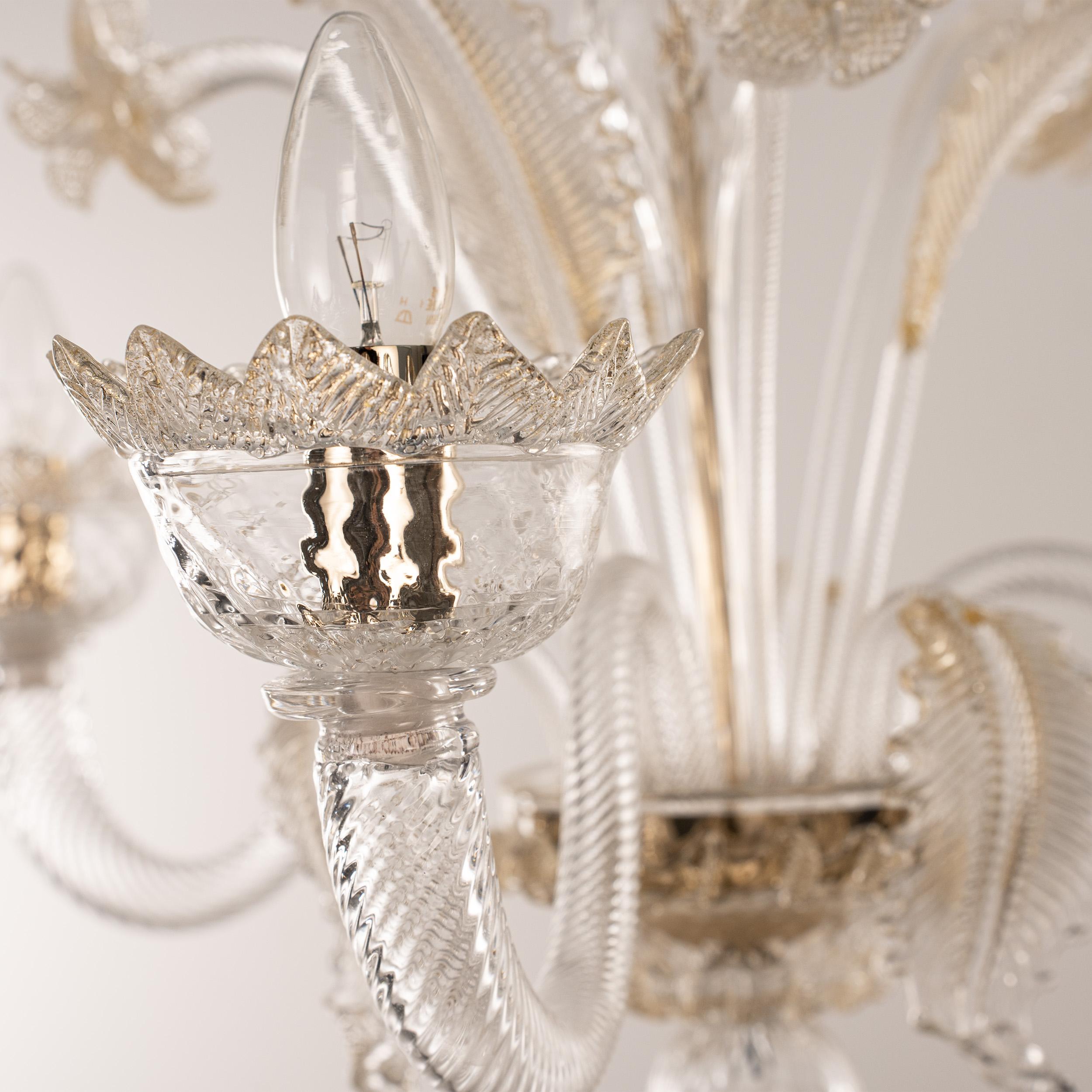 XX secolo Lampadario a 3 luci in vetro di Murano Clear e Gold, Vintage Made in Italy in stock in vendita