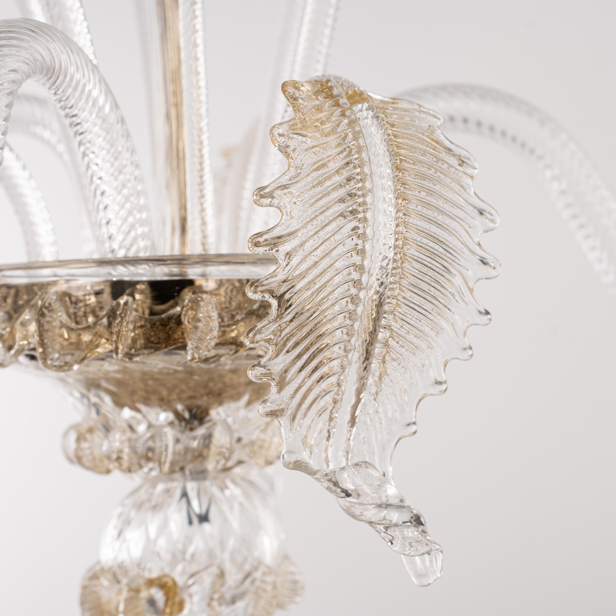 Ottone Lampadario a 3 luci in vetro di Murano Clear e Gold, Vintage Made in Italy in stock in vendita