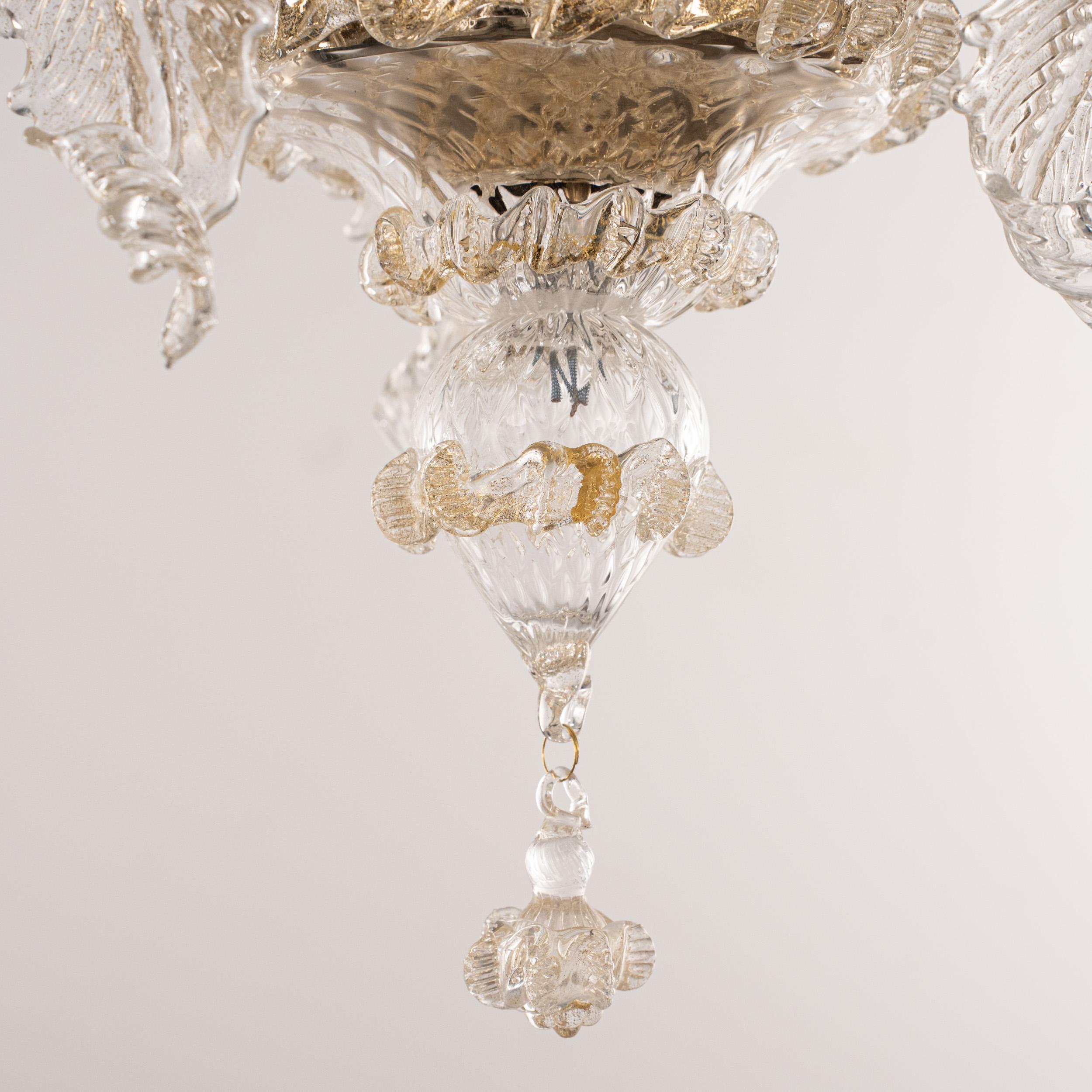 Lampadario a 3 luci in vetro di Murano Clear e Gold, Vintage Made in Italy in stock in vendita 1