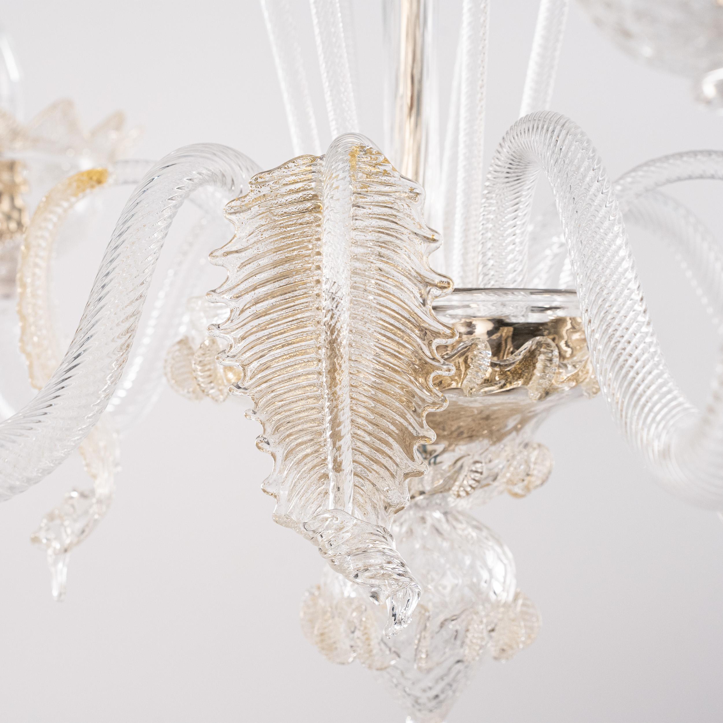Lustre 4 lumières en verre clair et doré de Murano, Vintage Made in Italy en stock Excellent état - En vente à Venezia, IT