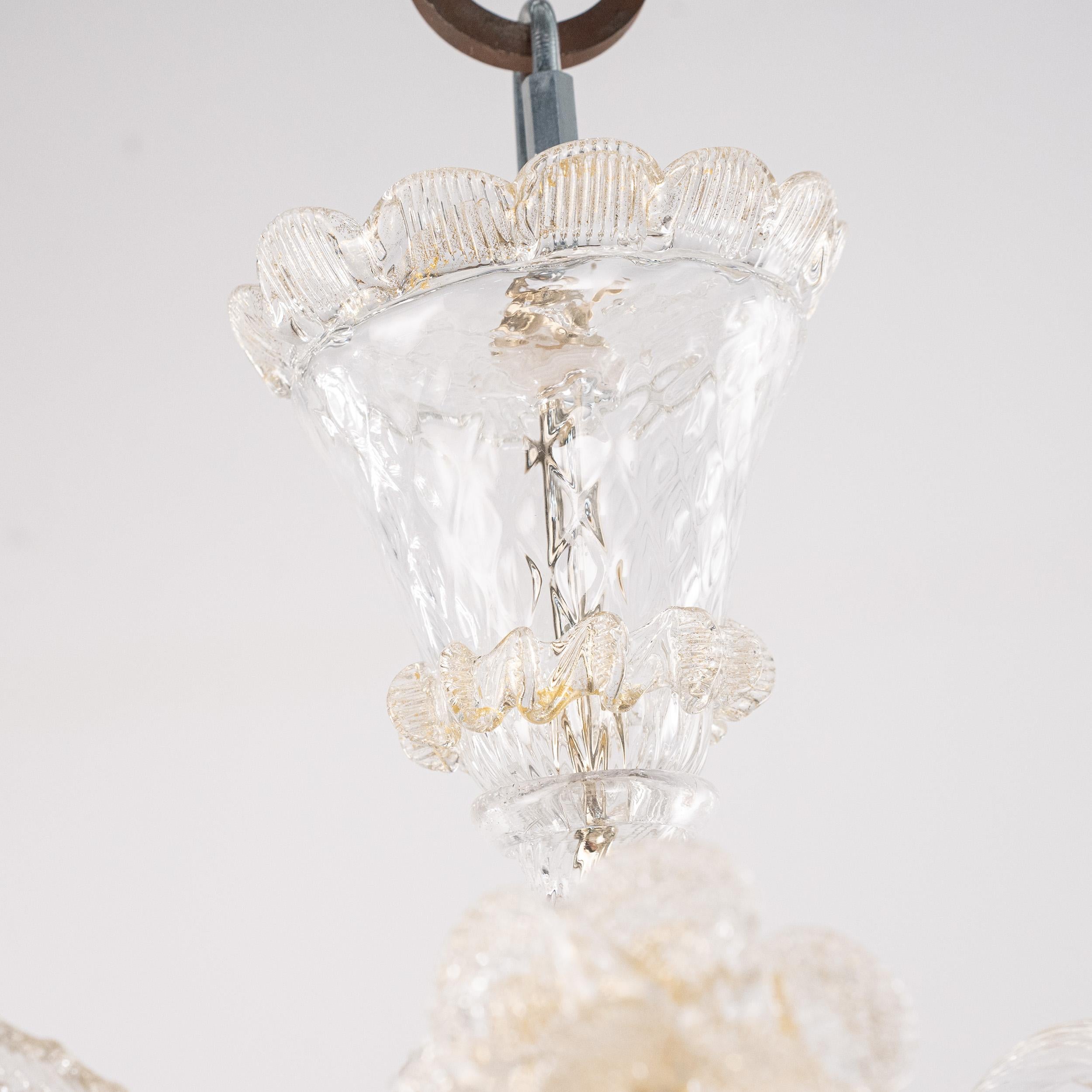 Laiton Lustre 4 lumières en verre clair et doré de Murano, Vintage Made in Italy en stock en vente
