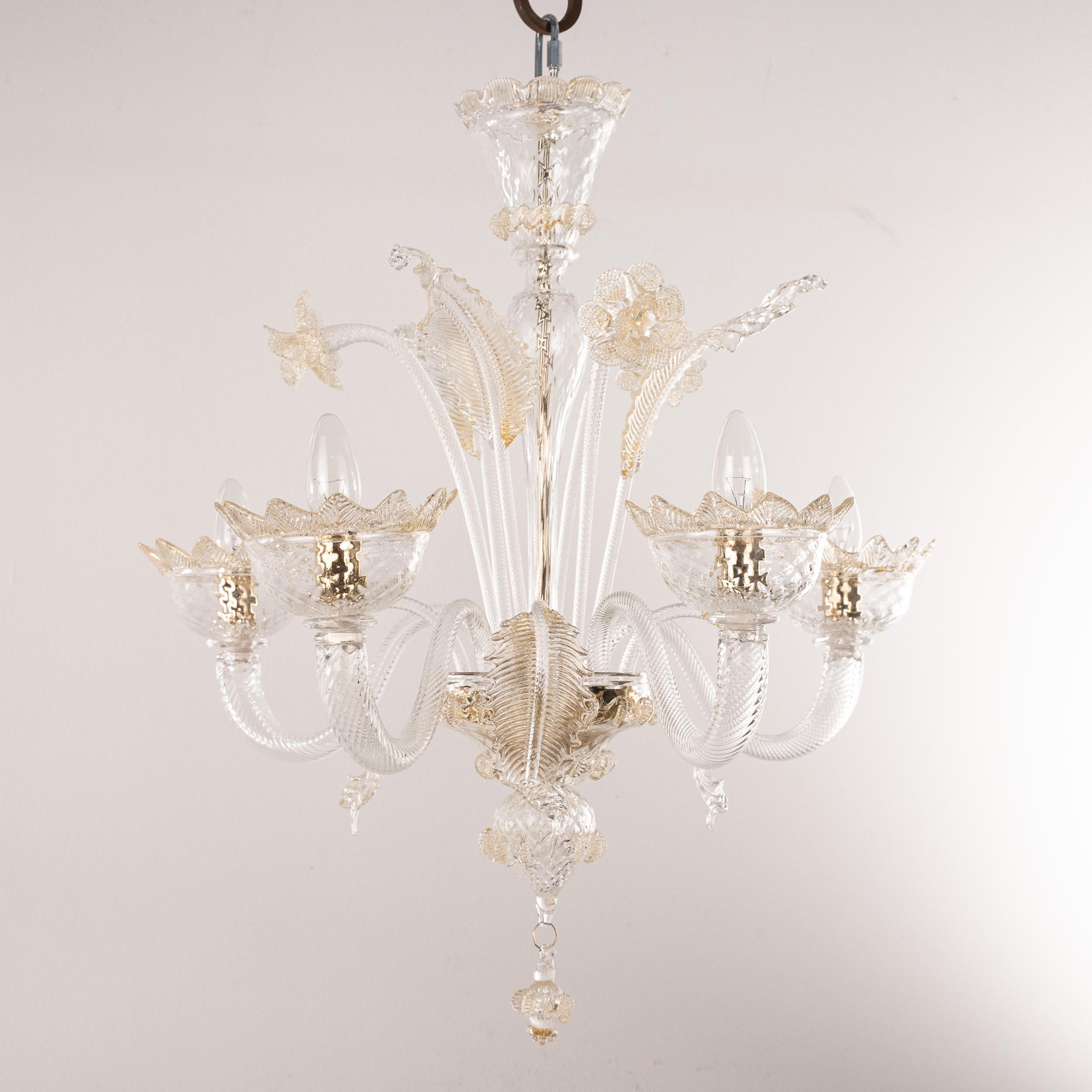 Lustre 4 lumières en verre clair et doré de Murano, Vintage Made in Italy en stock en vente 2