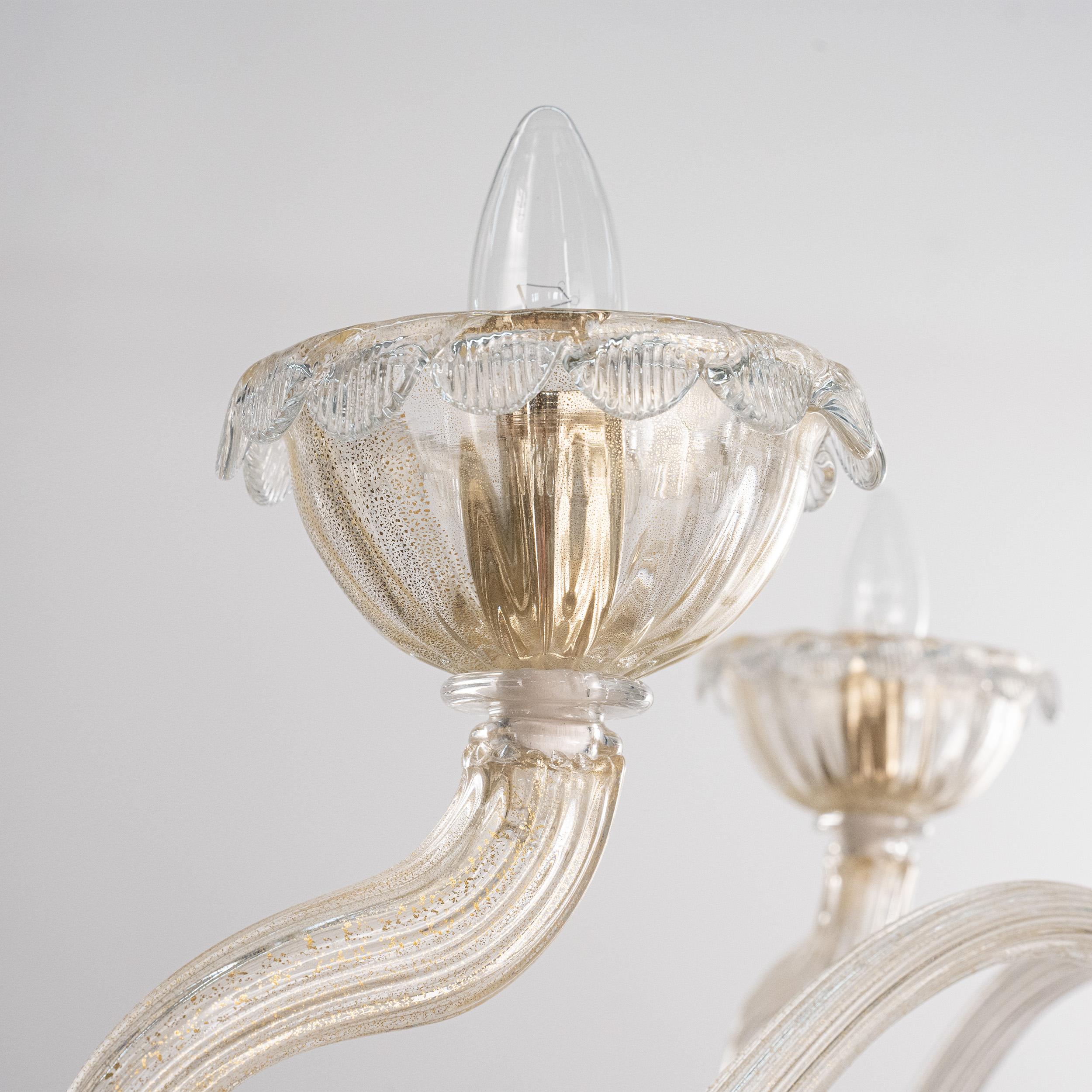Murano Clear and Gold glass chandelier 5 lights, Vintage Made in Italy in stock (Italienisch) im Angebot