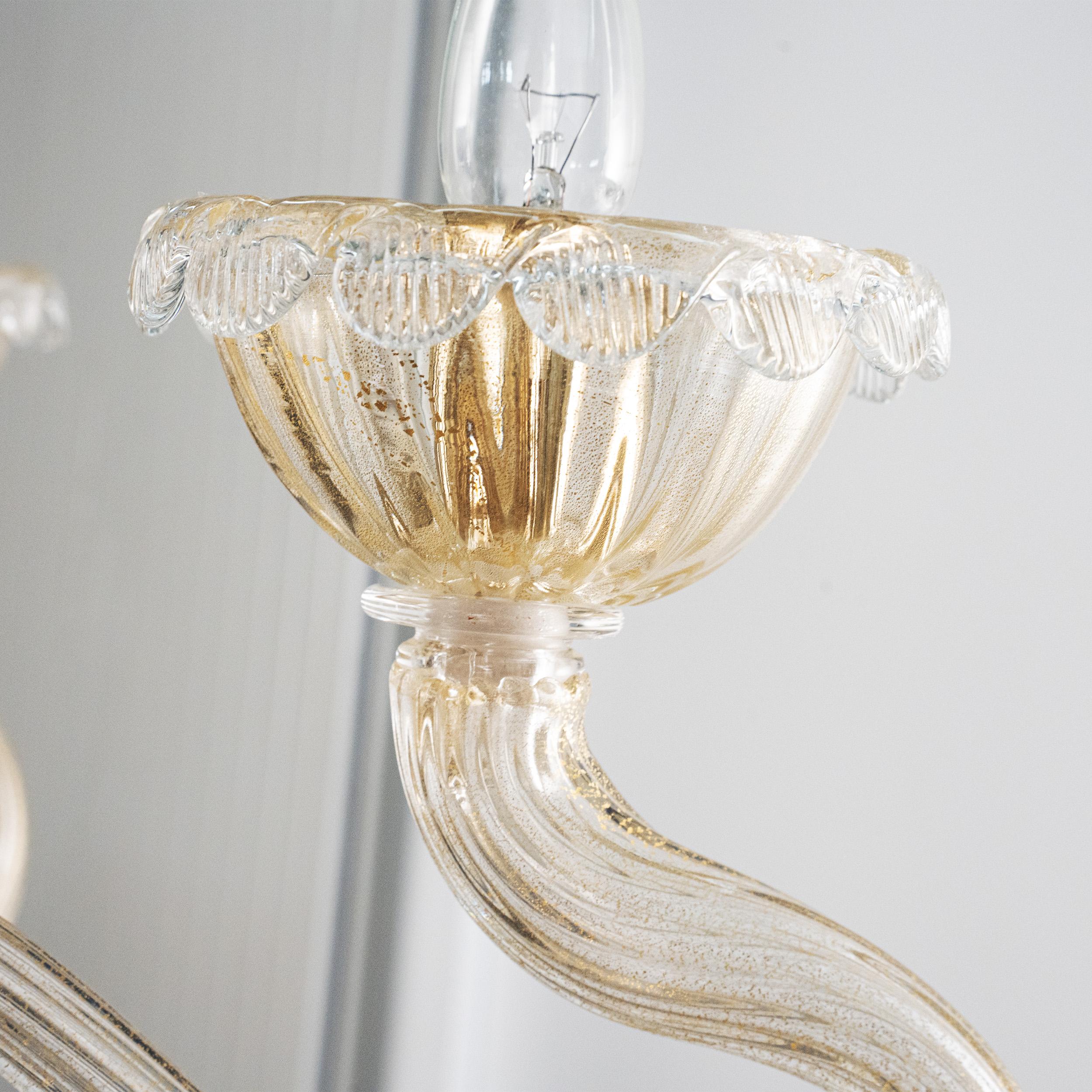 Murano Clear and Gold glass chandelier 5 lights, Vintage Made in Italy in stock (Messing) im Angebot