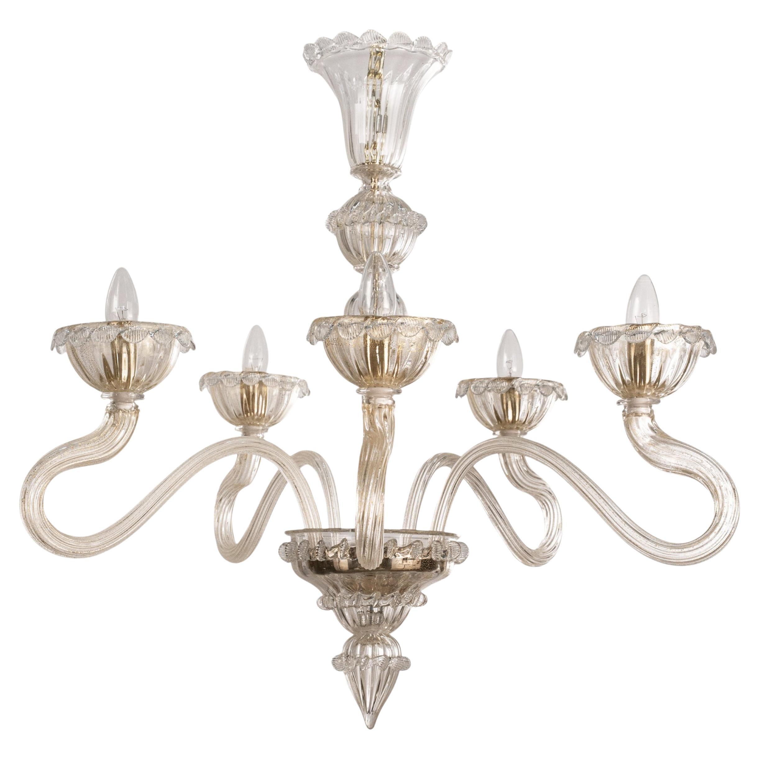 Murano Clear and Gold glass chandelier 5 lights, Vintage Made in Italy in stock im Angebot
