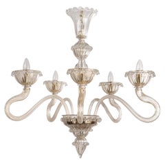 Murano Clear and Gold glass chandelier 5 lights, Vintage Made in Italy in stock