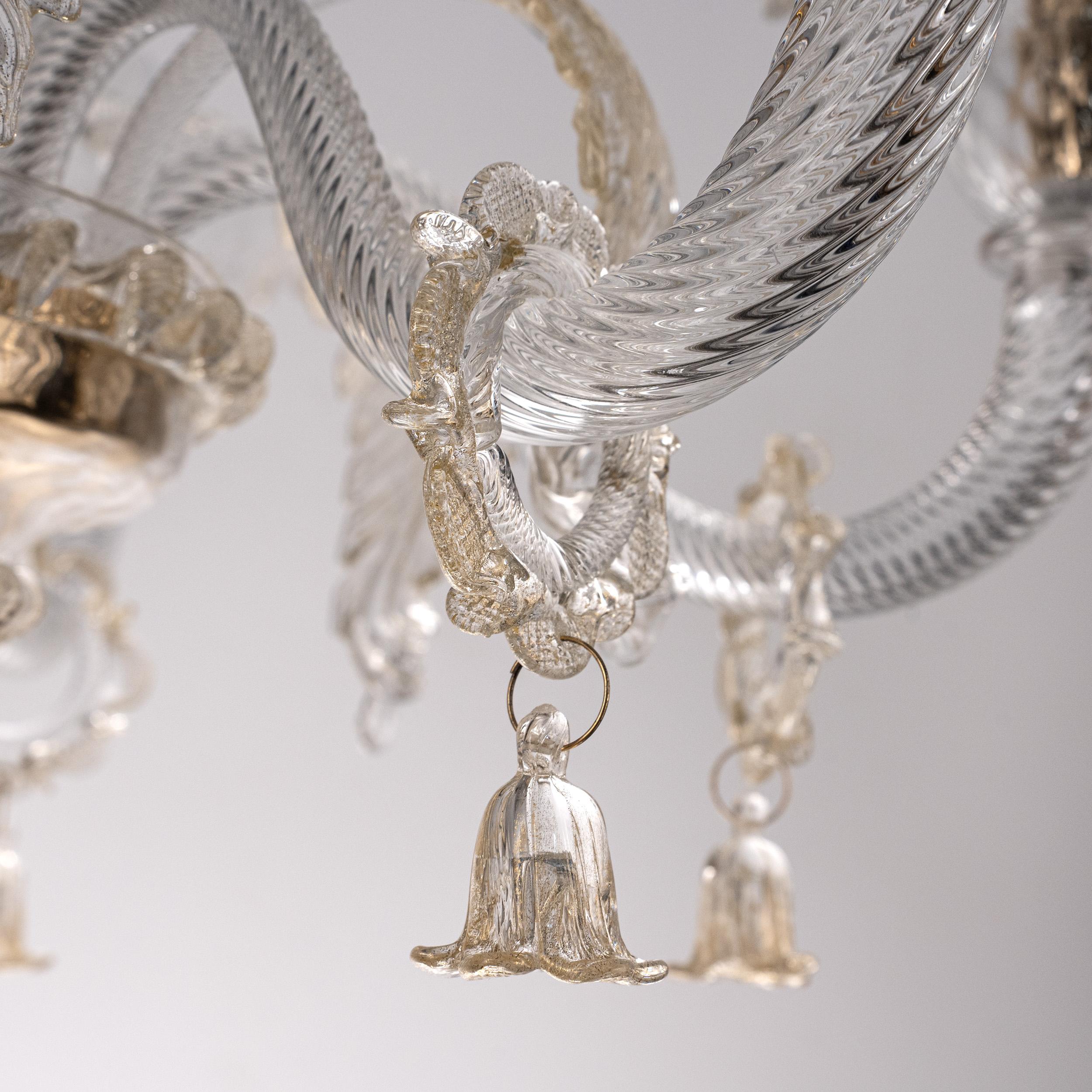 Murano Klar und Gold Glas Kronleuchter 6 Lichter, Vintage Made in Italy auf Lager (Italienisch) im Angebot