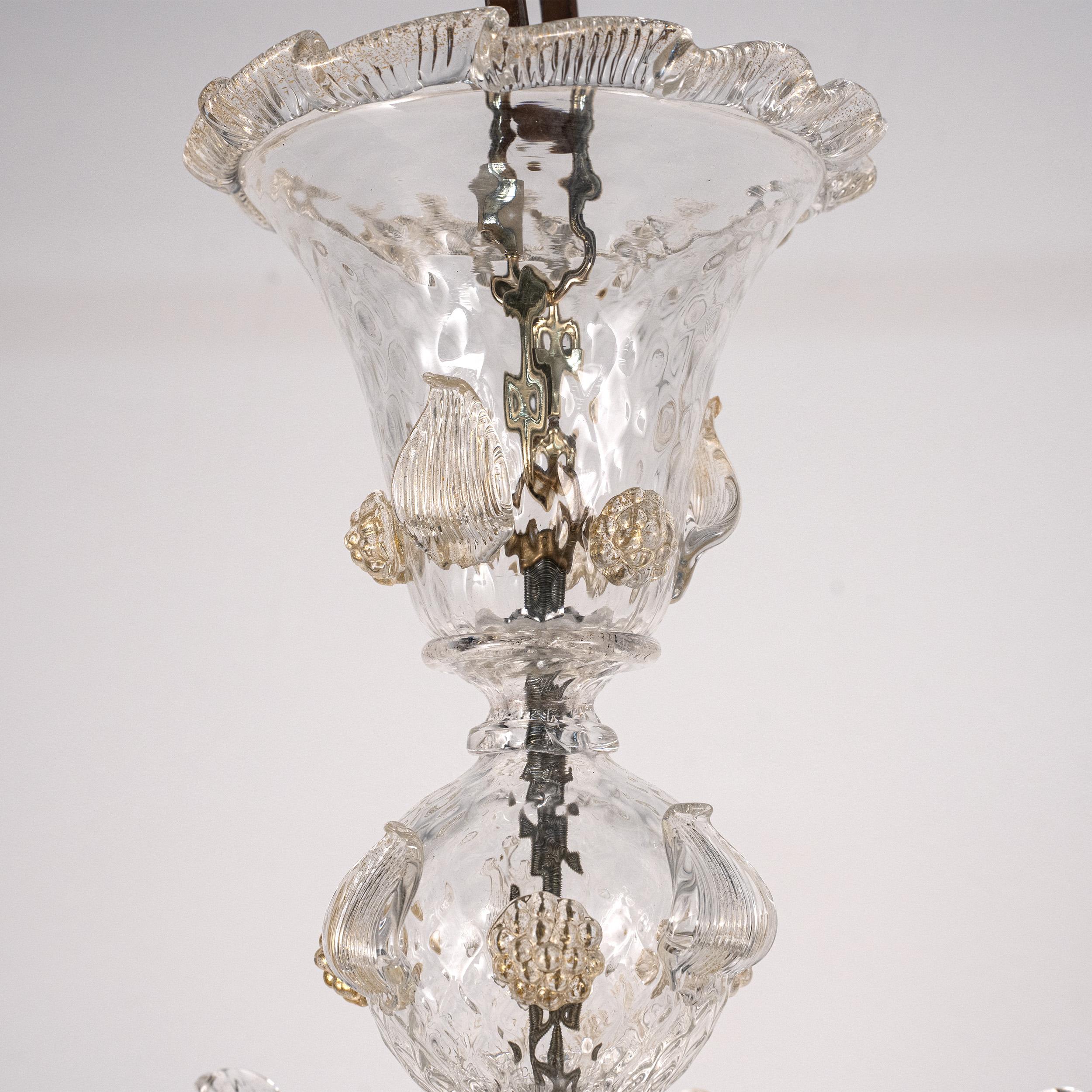 Murano Klar und Gold Glas Kronleuchter 6 Lichter, Vintage Made in Italy auf Lager (Messing) im Angebot