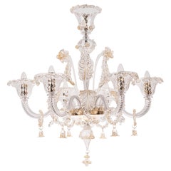 Lustre 6 lumières en verre clair et doré de Murano, Vintage Made in Italy en stock