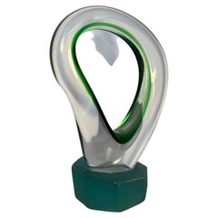 Murano Clear and Green Abstract Art Glass Sculpture on Glass Base