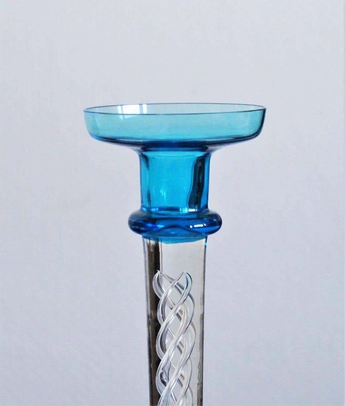 Art Deco Murano Clear and Turquoise Glass Candlestick, Iraly, 1960s For Sale
