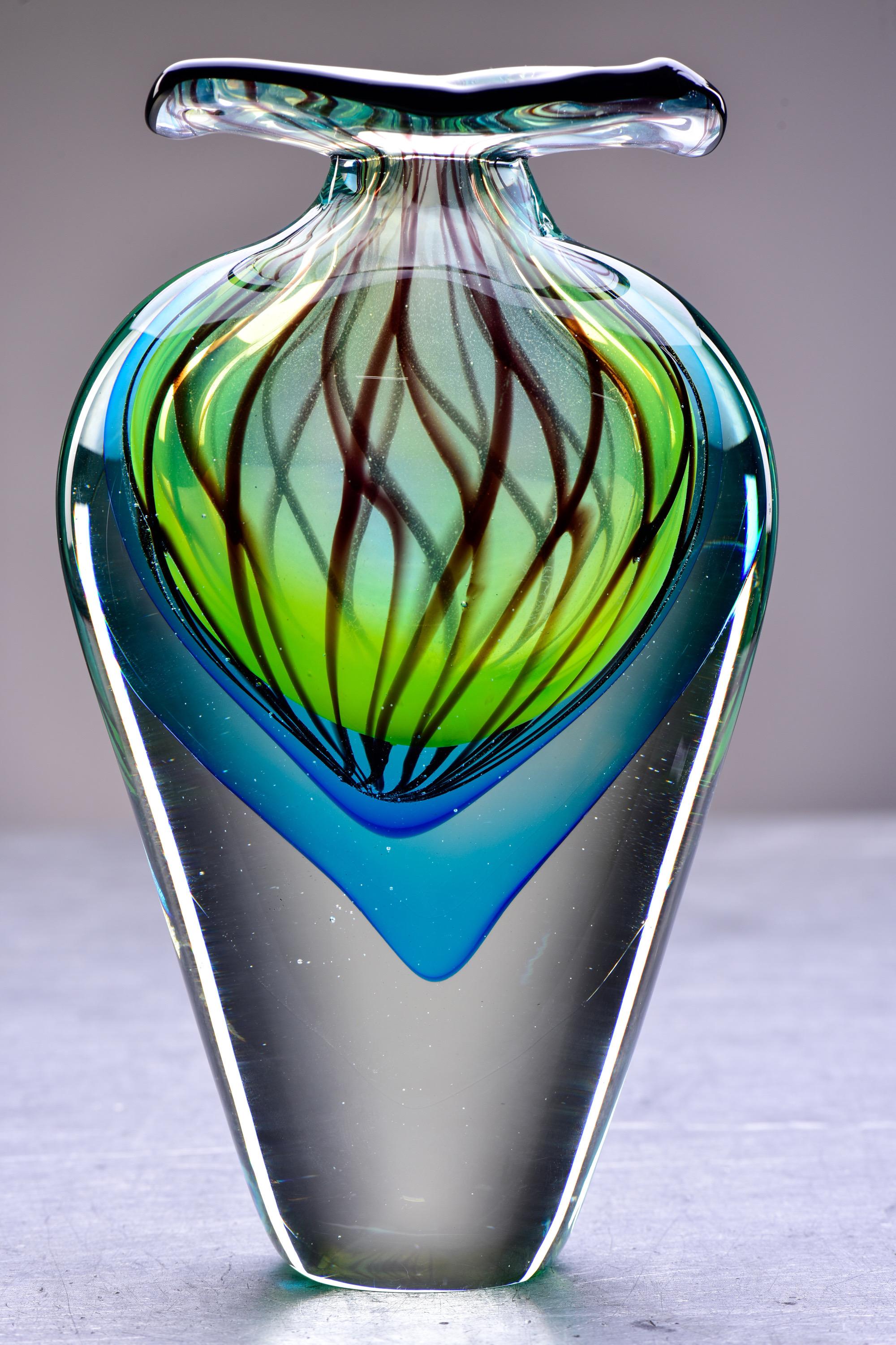 Italian Murano Clear Cased Glass Vase with Blue and Green and Wide Lip