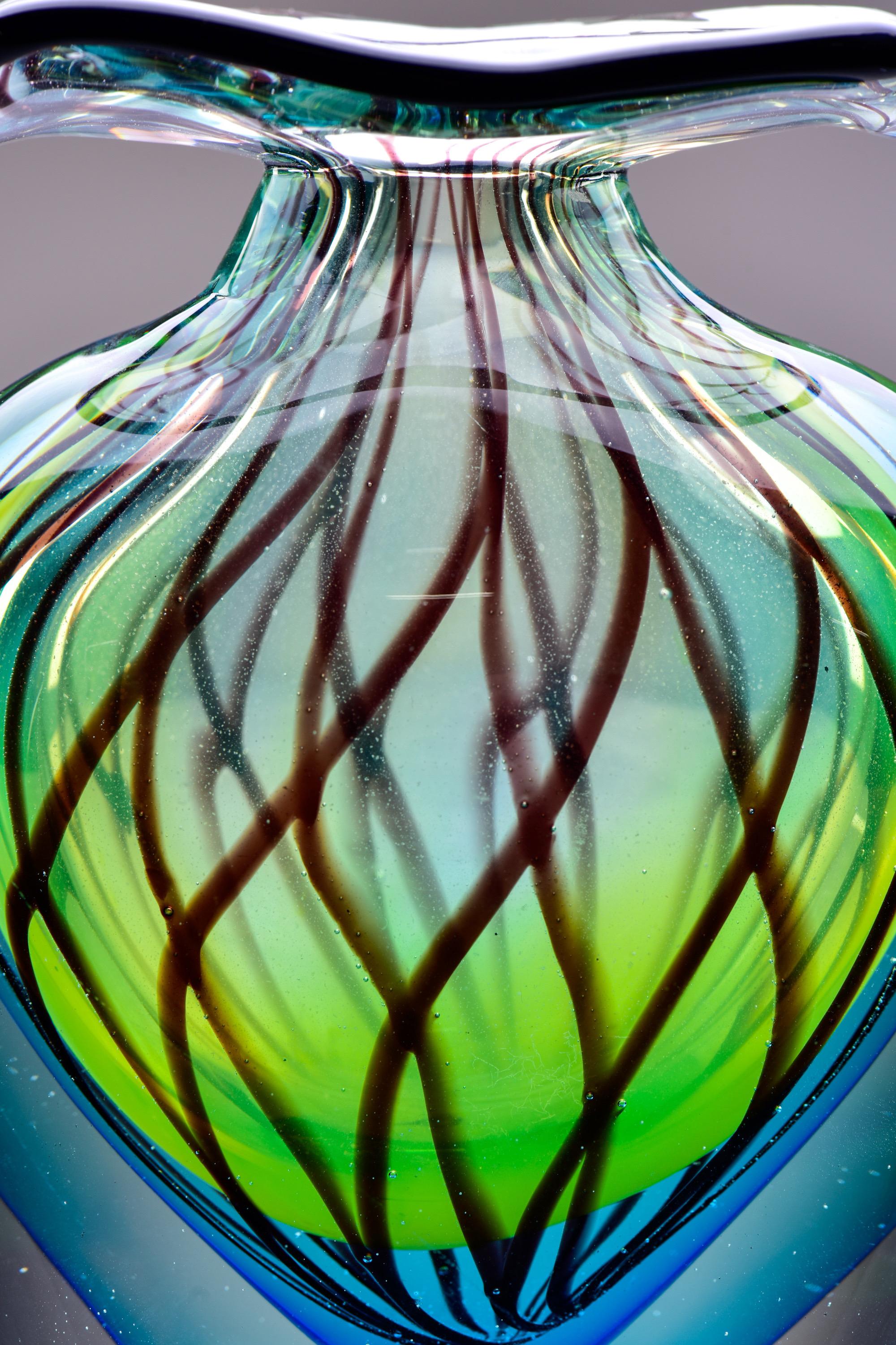 Murano Clear Cased Glass Vase with Blue and Green and Wide Lip 2