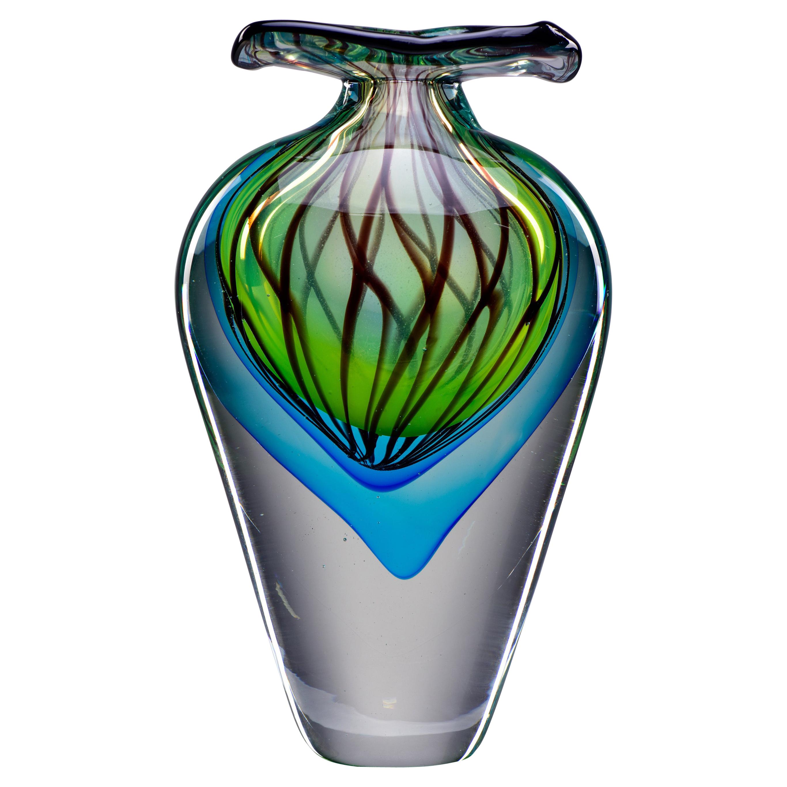 Murano Clear Cased Glass Vase with Blue and Green and Wide Lip