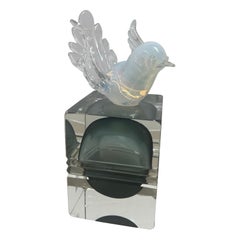 Murano clear glass and opaline bird on a sommerso murano glass base