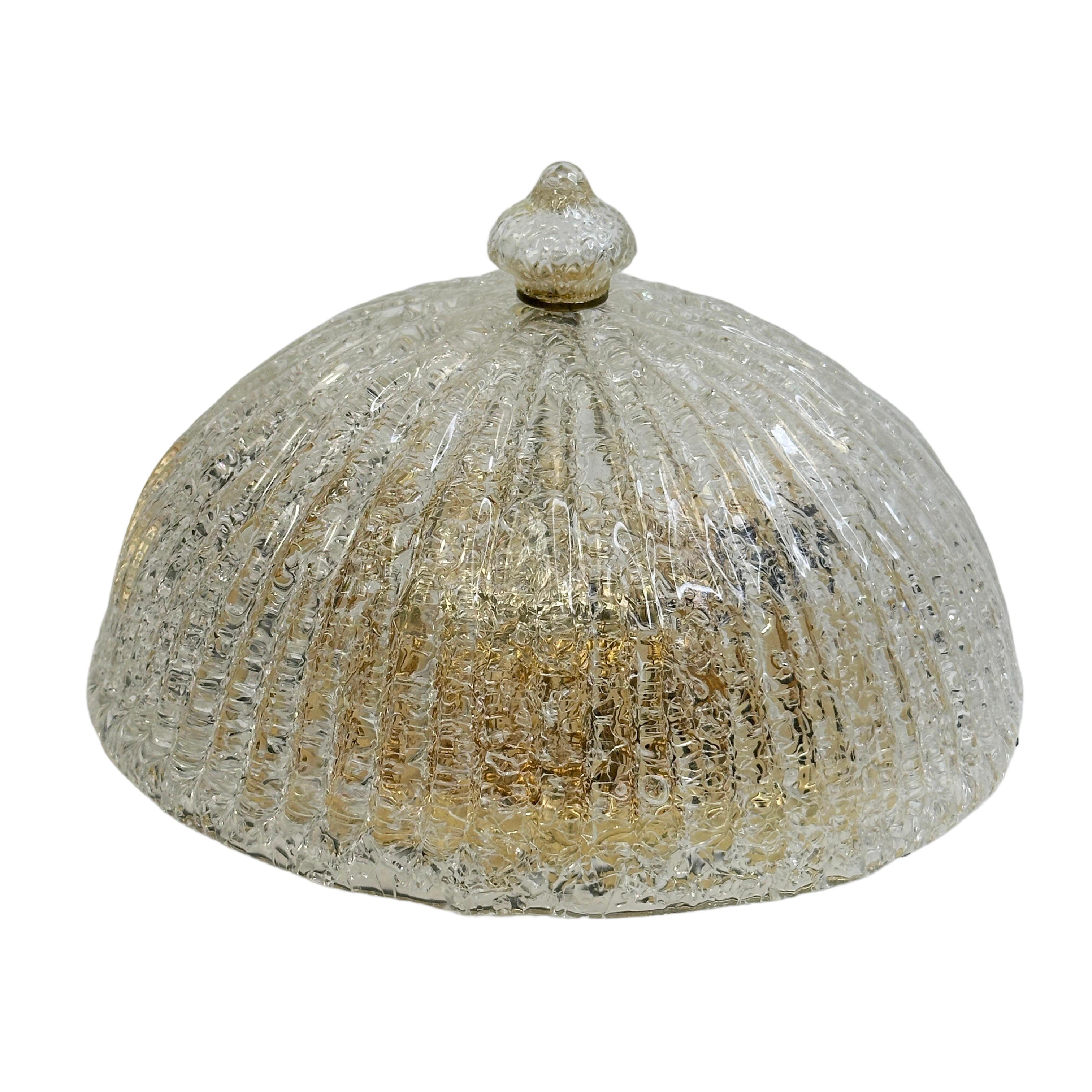 Italian Murano clear Glass & gold plate Metal Flush Mount, Italy 1980s For Sale