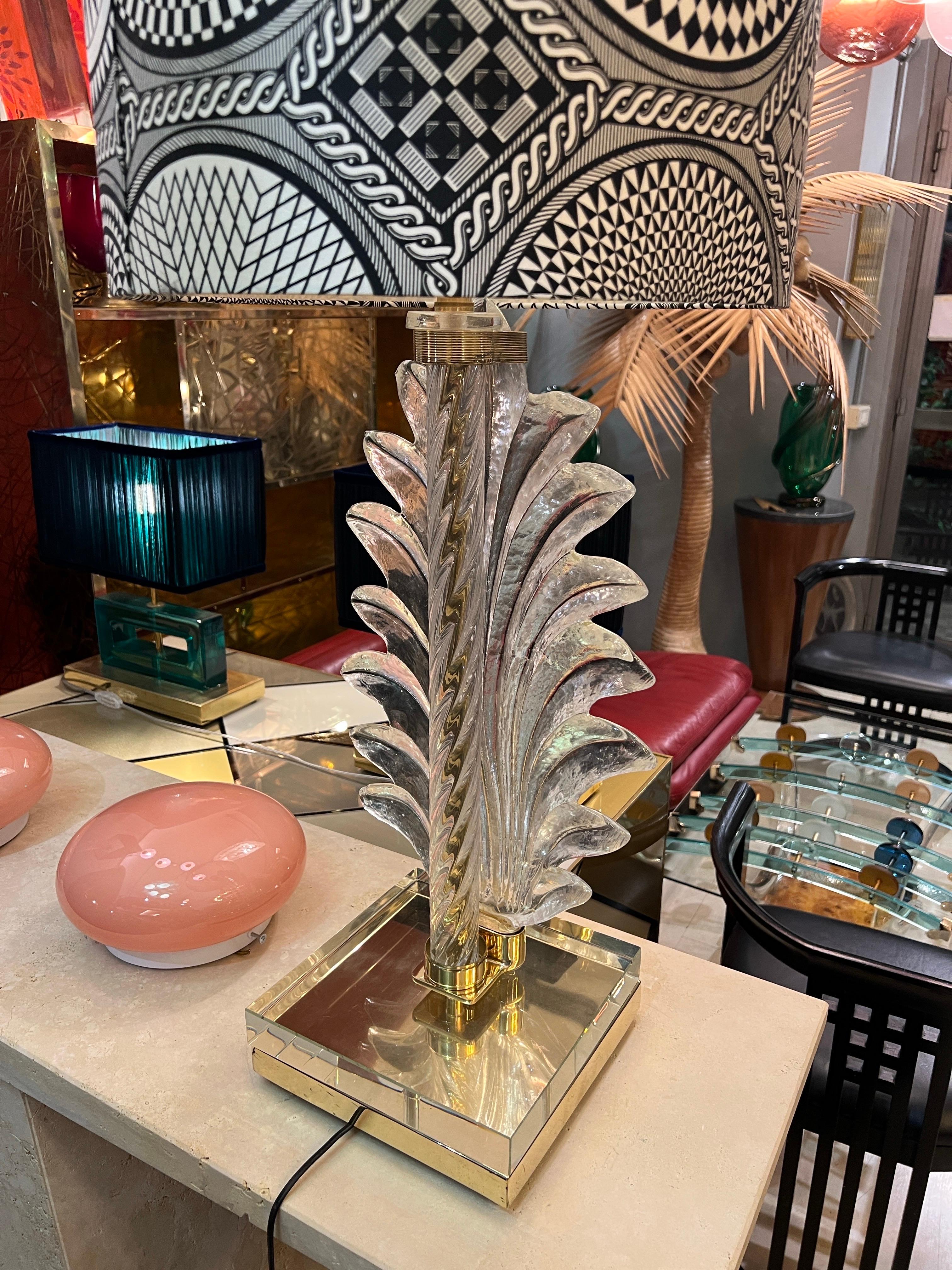 Lampada a foglia in vetro trasparente di Murano con paralume in tessuto di Fornasetti, anni '40 in vendita 3