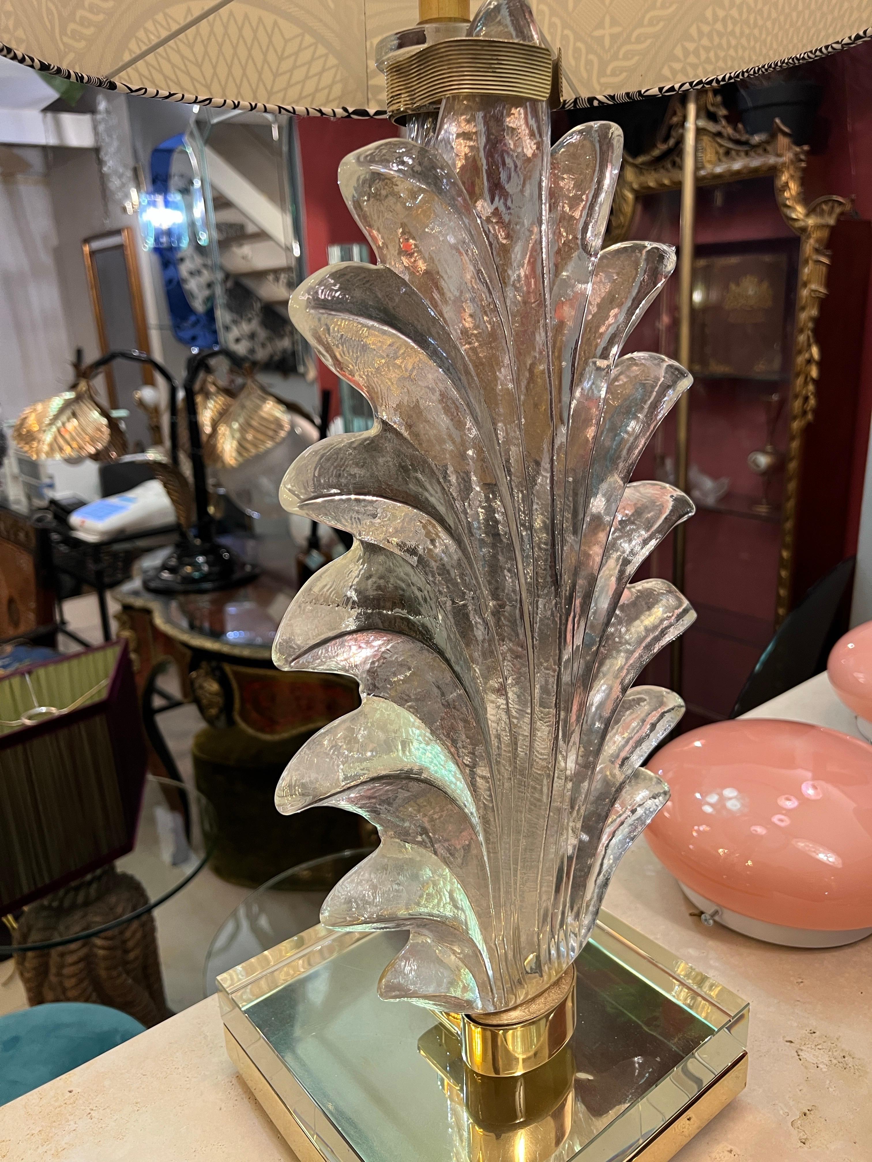 Tessuto Lampada a foglia in vetro trasparente di Murano con paralume in tessuto di Fornasetti, anni '40 in vendita