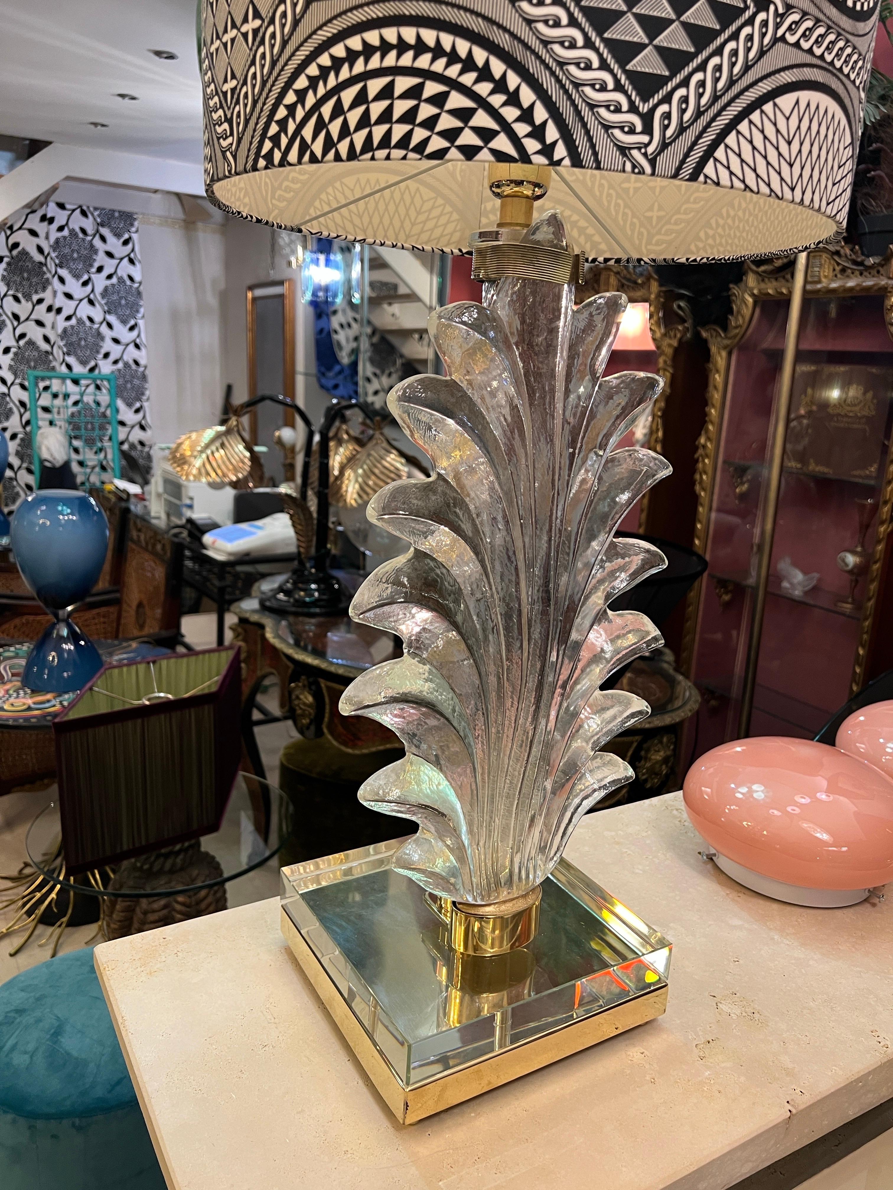 Lampada a foglia in vetro trasparente di Murano con paralume in tessuto di Fornasetti, anni '40 in vendita 1