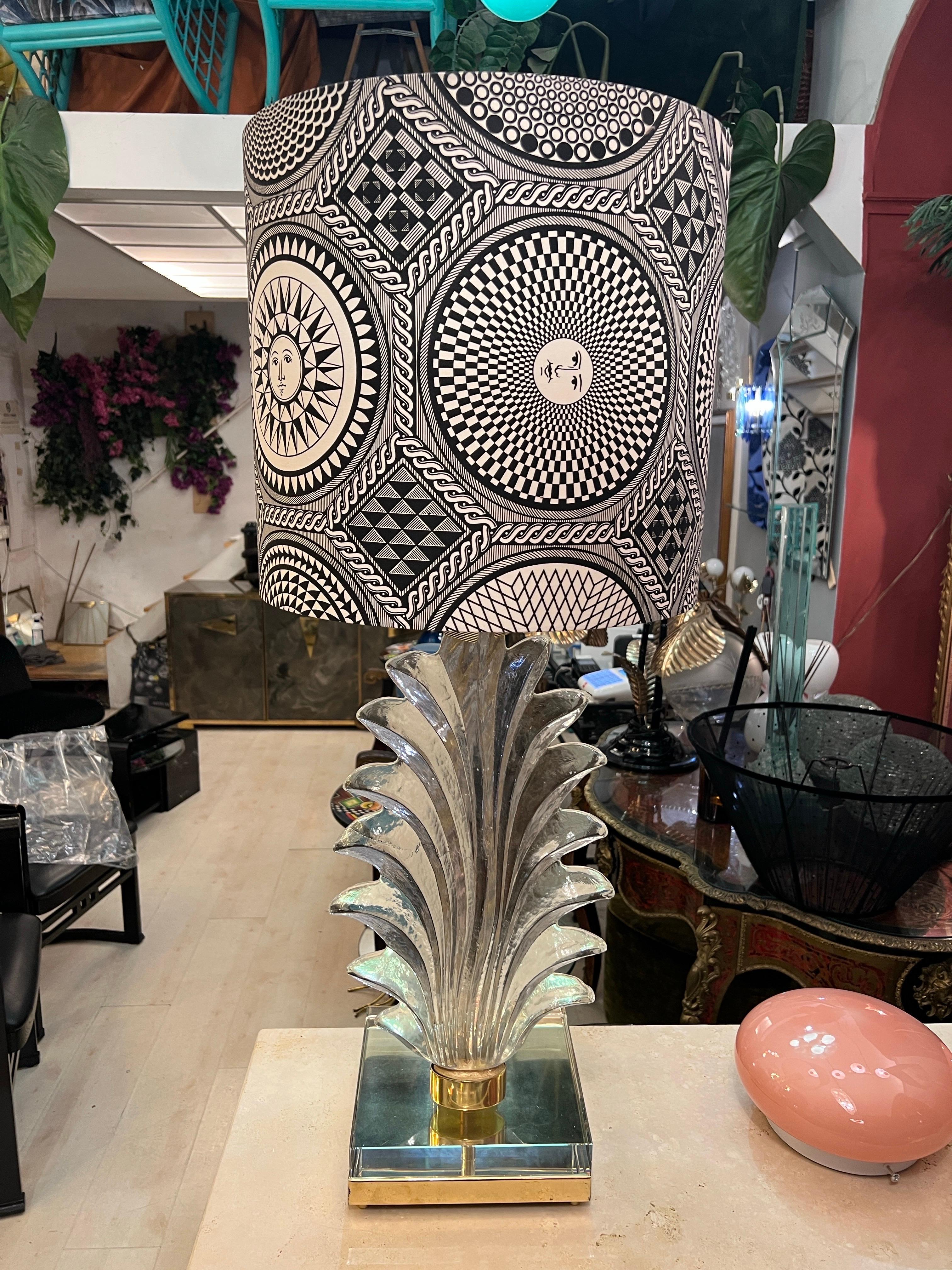 Lampada a foglia in vetro trasparente di Murano con paralume in tessuto di Fornasetti, anni '40 in vendita 2